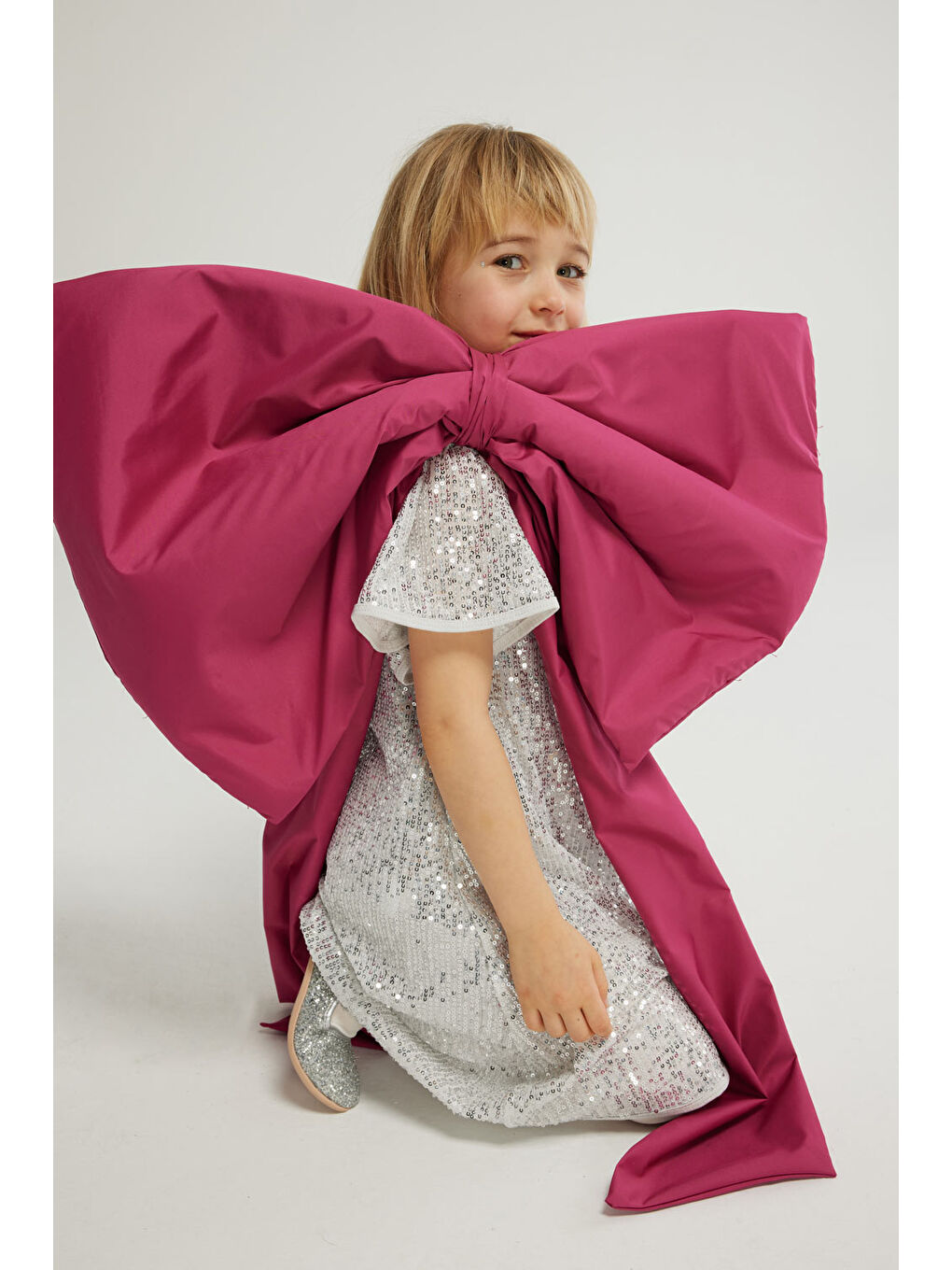 Gri Gümüş  Pul Payetli Kız Çocuk Elbise-Siri-2