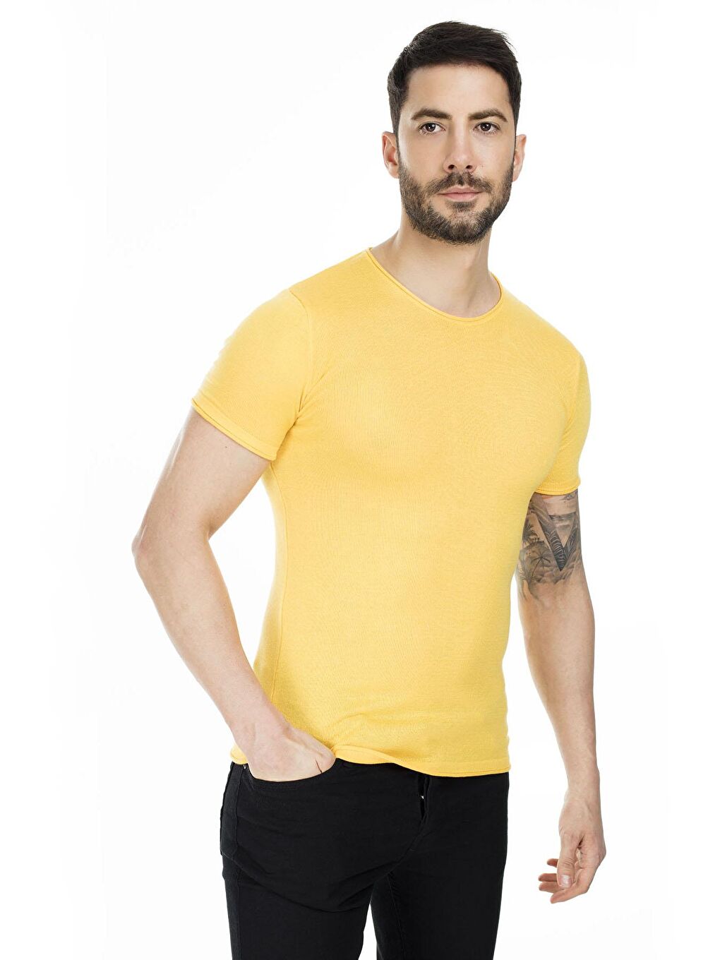 Sarı Kısa Kol Bisiklet Yaka Triko T Shirt ABK60004LNS