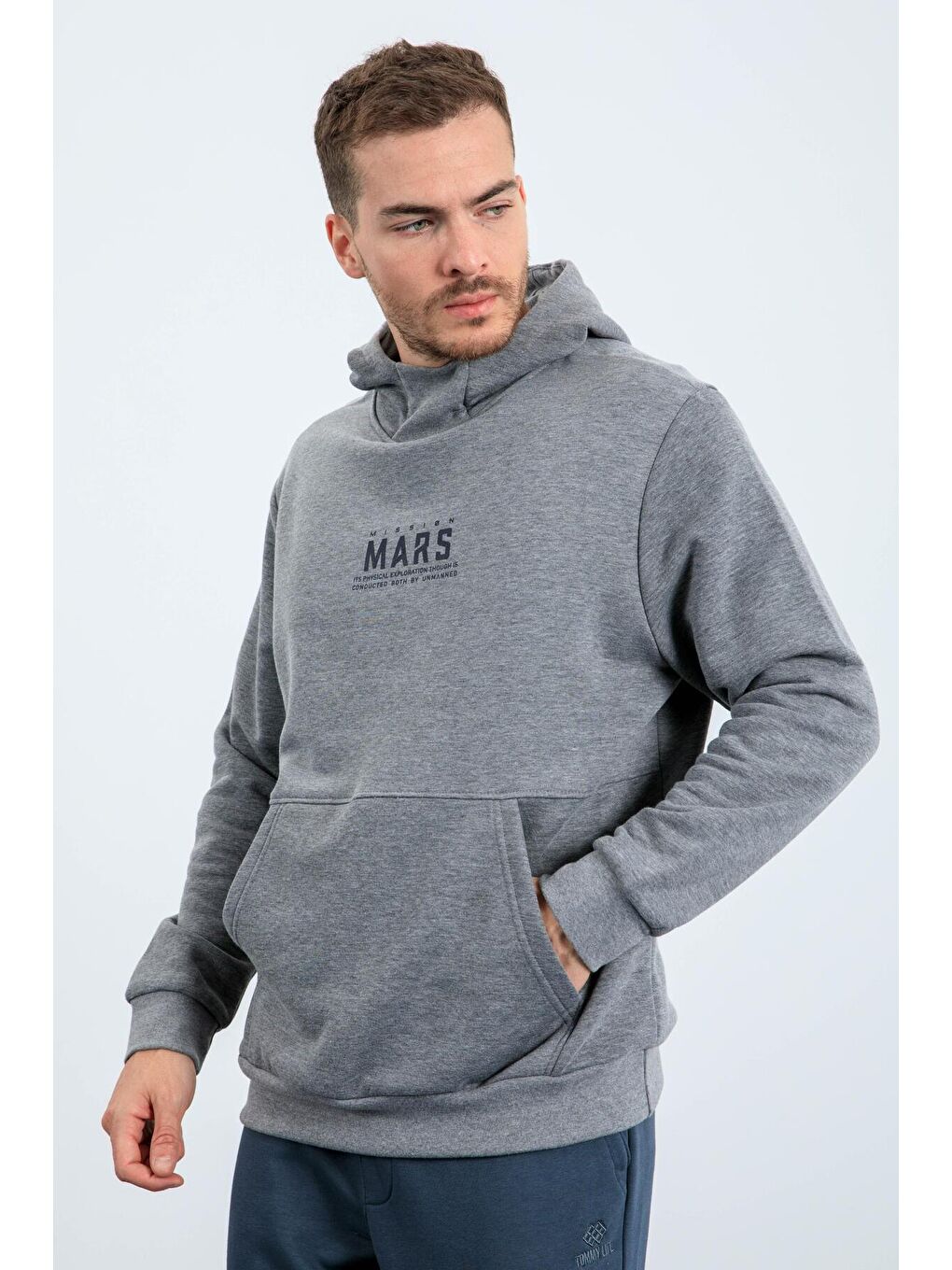 TOMMYLIFE Gri Melanj Mars Yazı Ve Sırt Baskılı Kapüşonlu Rahat Form Erkek Sweatshirt - 88032