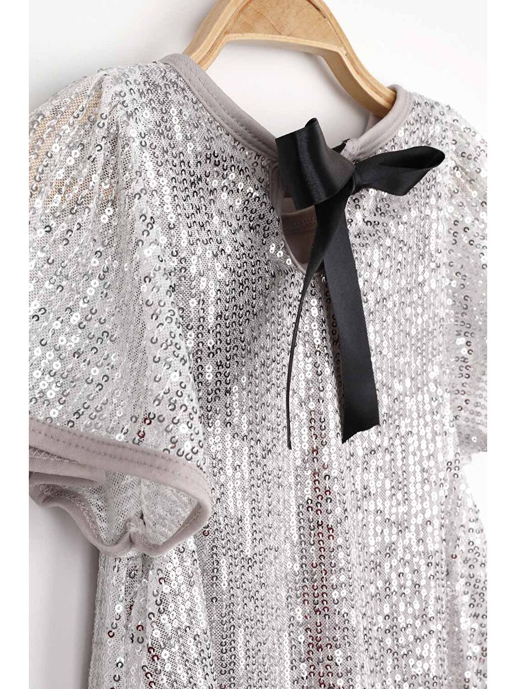 Gri Gümüş  Pul Payetli Kız Çocuk Elbise-Siri-5