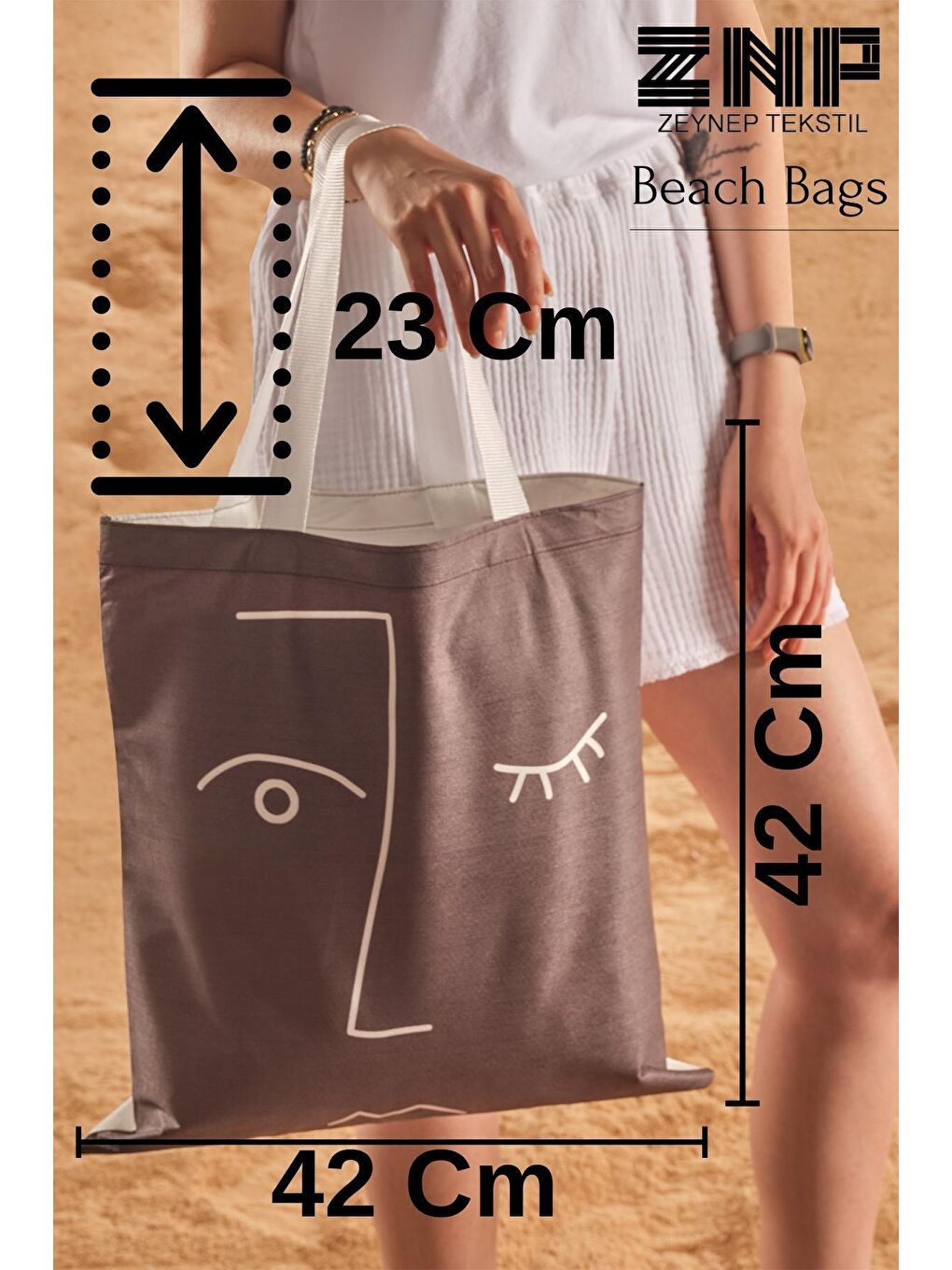 Kahverengi Faces Desen Baskılı Plaj Çantası-3