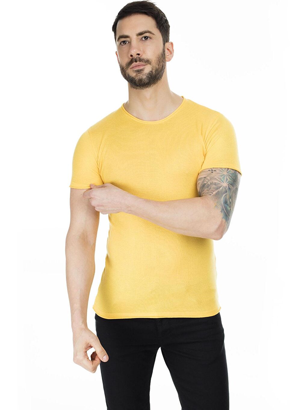 Sarı Kısa Kol Bisiklet Yaka Triko T Shirt ABK60004LNS-2