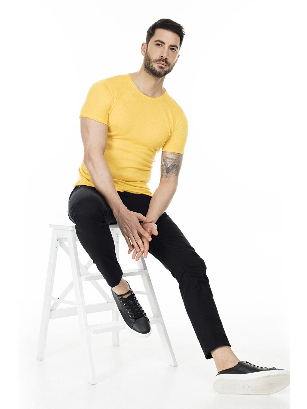 Sarı Kısa Kol Bisiklet Yaka Triko T Shirt ABK60004LNS-4