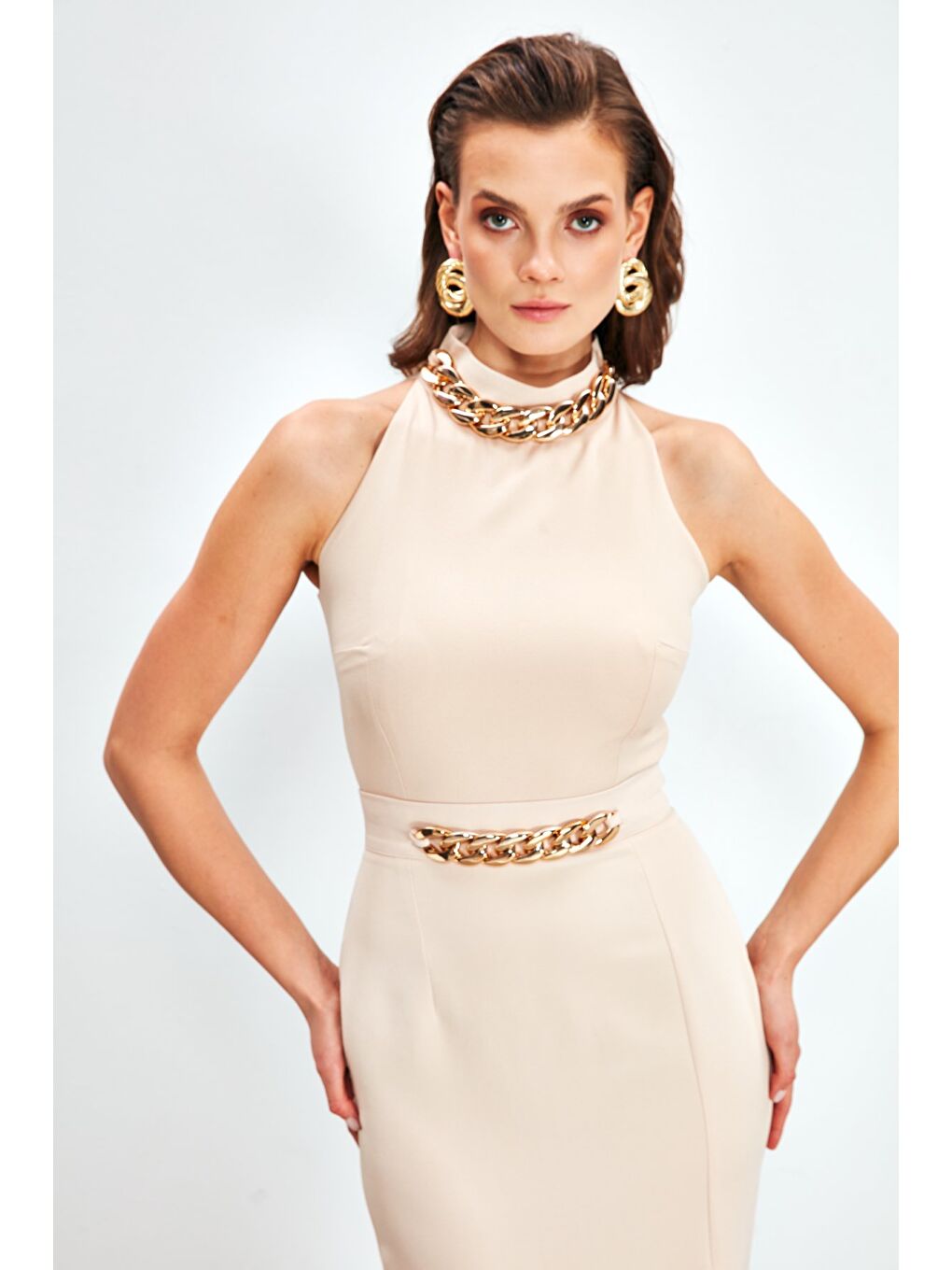 Zincir Aksesuarlı Crop Bluz - Bej