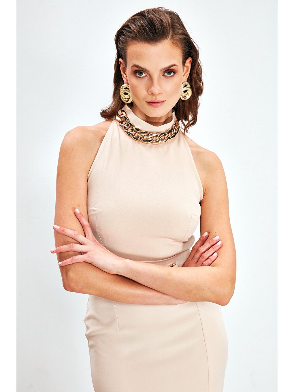 Zincir Aksesuarlı Crop Bluz - Bej-1