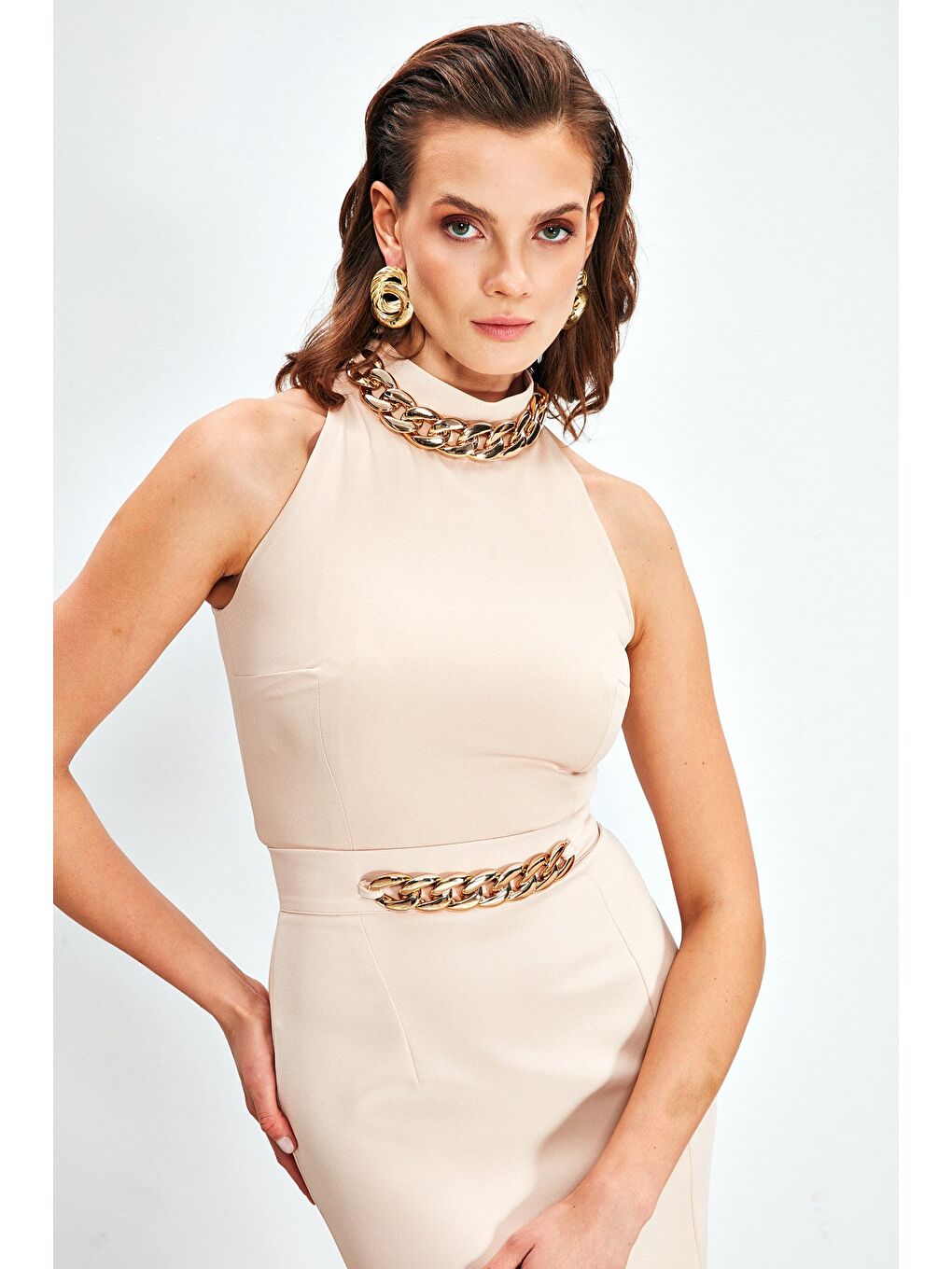 Zincir Aksesuarlı Crop Bluz - Bej-2