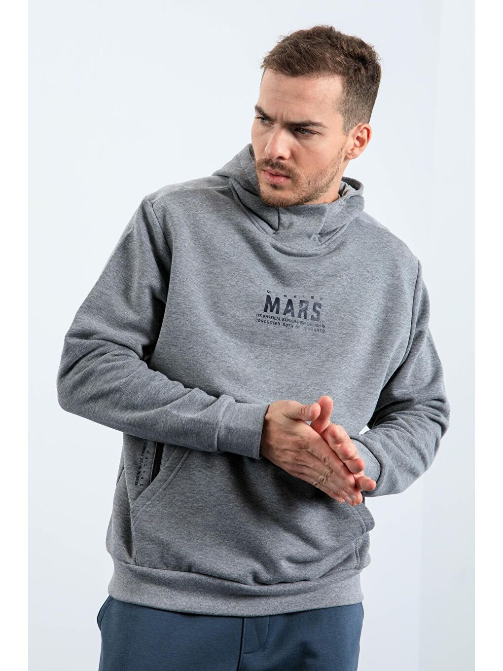 TOMMYLIFE Gri Melanj Mars Yazı Ve Sırt Baskılı Kapüşonlu Rahat Form Erkek Sweatshirt - 88032 - 4