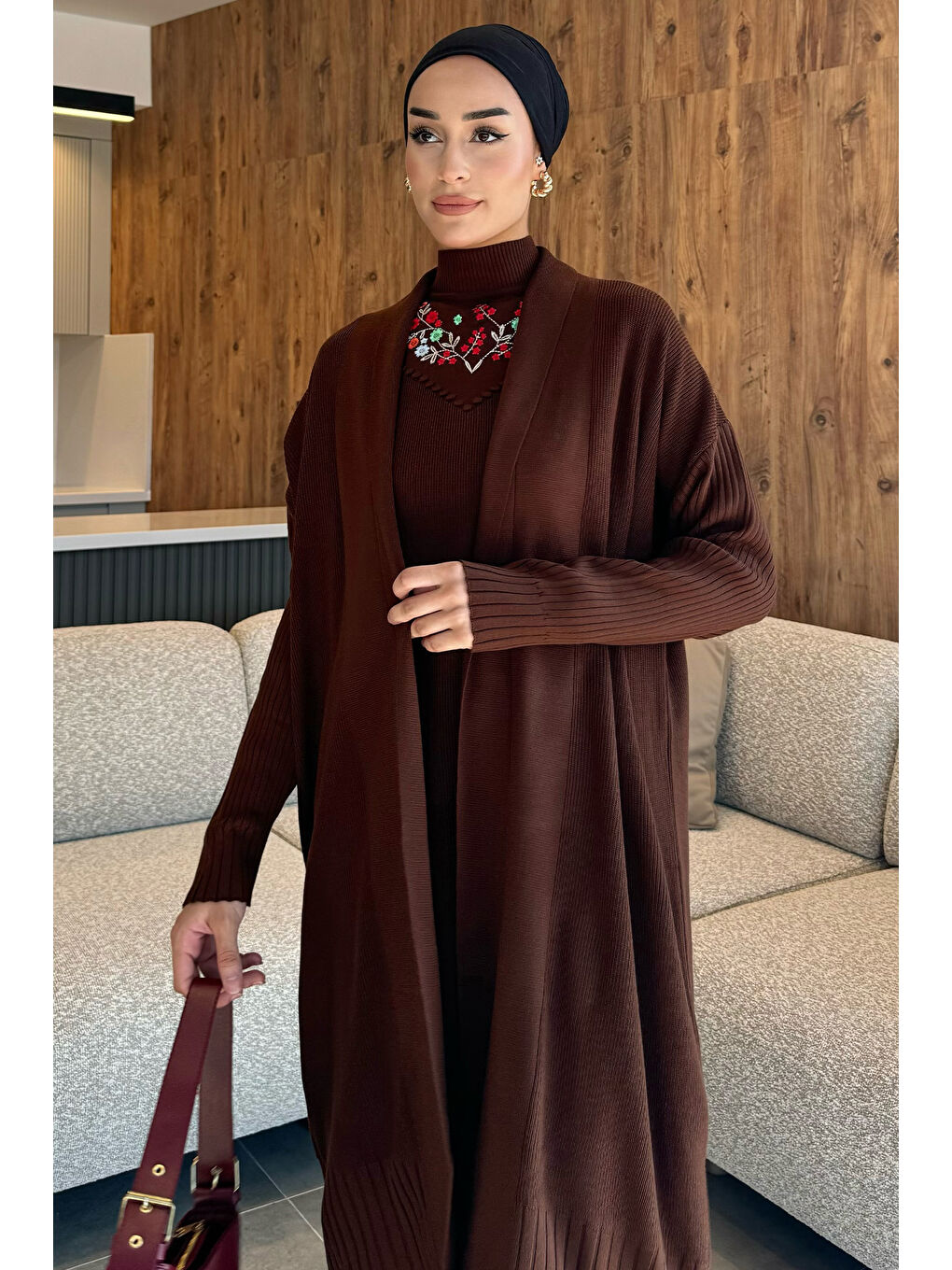 Kahverengi Kadın Nakışlı Triko Elbise Hırka Tesettür İkili Takım-2
