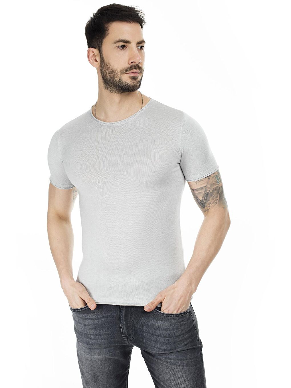 Gri Kısa Kol Bisiklet Yaka Triko T Shirt ABK60004LNS