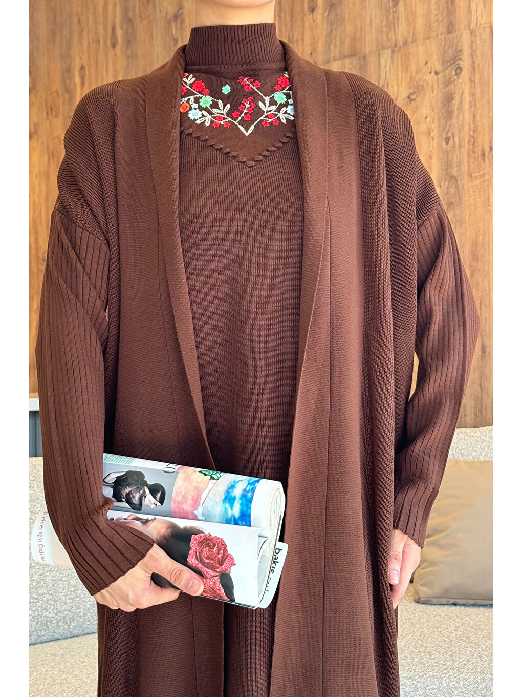 Kahverengi Kadın Nakışlı Triko Elbise Hırka Tesettür İkili Takım-5