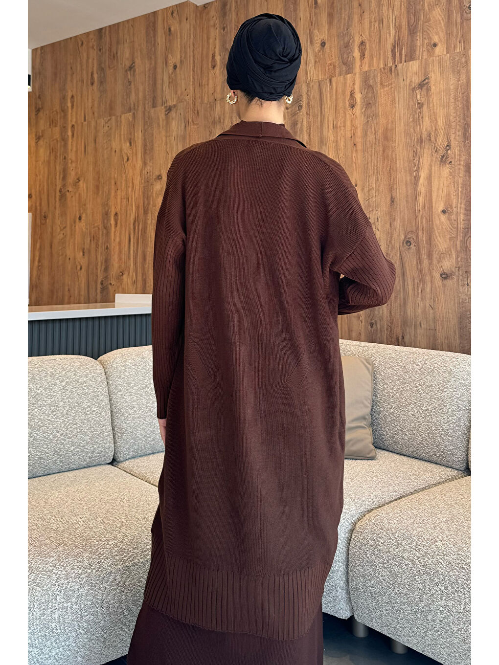 Kahverengi Kadın Nakışlı Triko Elbise Hırka Tesettür İkili Takım-6