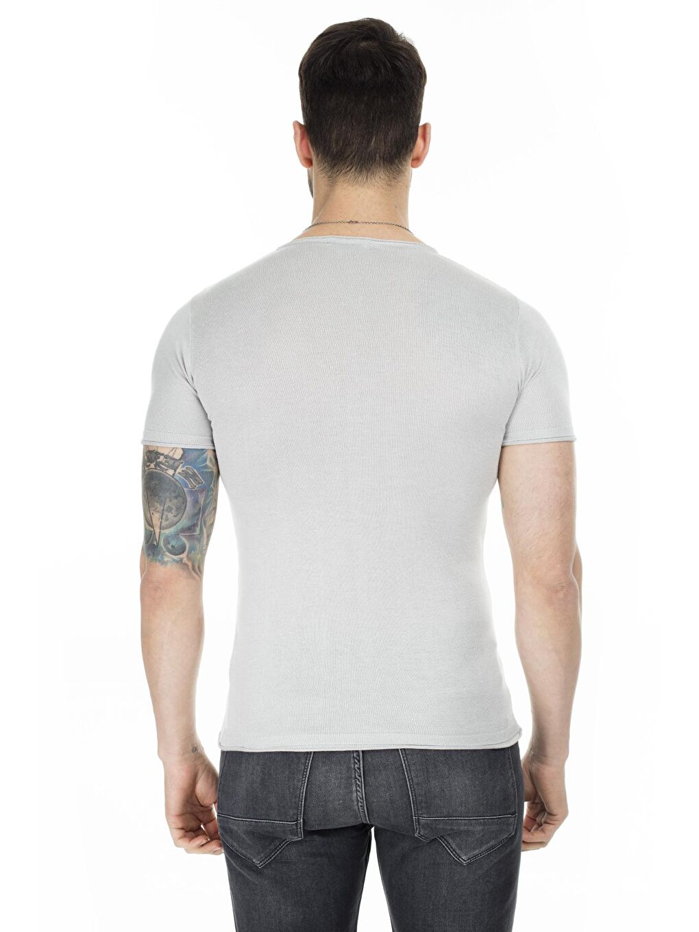 Gri Kısa Kol Bisiklet Yaka Triko T Shirt ABK60004LNS-1