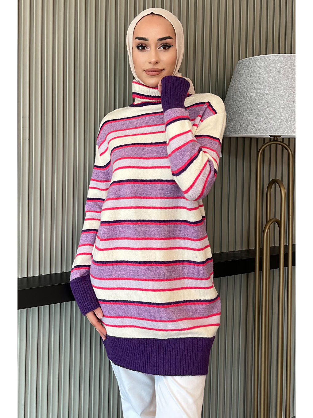 Lila Çizgi Desenli Tam Balıkçı Yaka Kışlık Triko Tunik