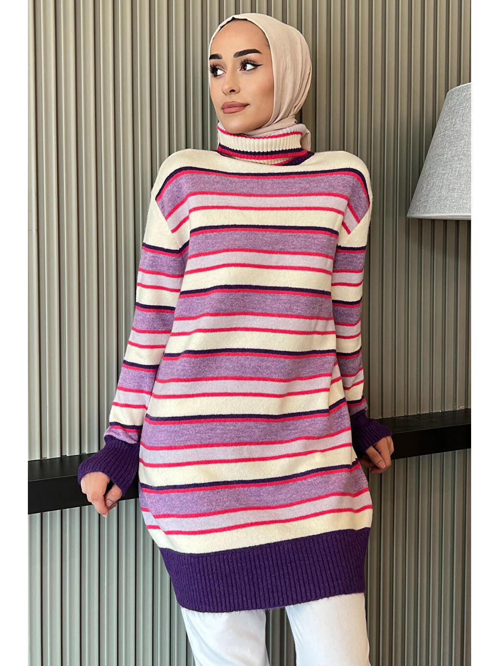 Lila Çizgi Desenli Tam Balıkçı Yaka Kışlık Triko Tunik-3