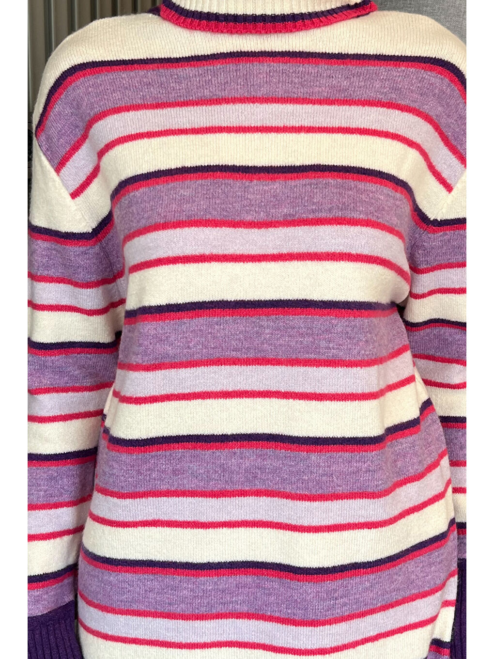 Lila Çizgi Desenli Tam Balıkçı Yaka Kışlık Triko Tunik-5