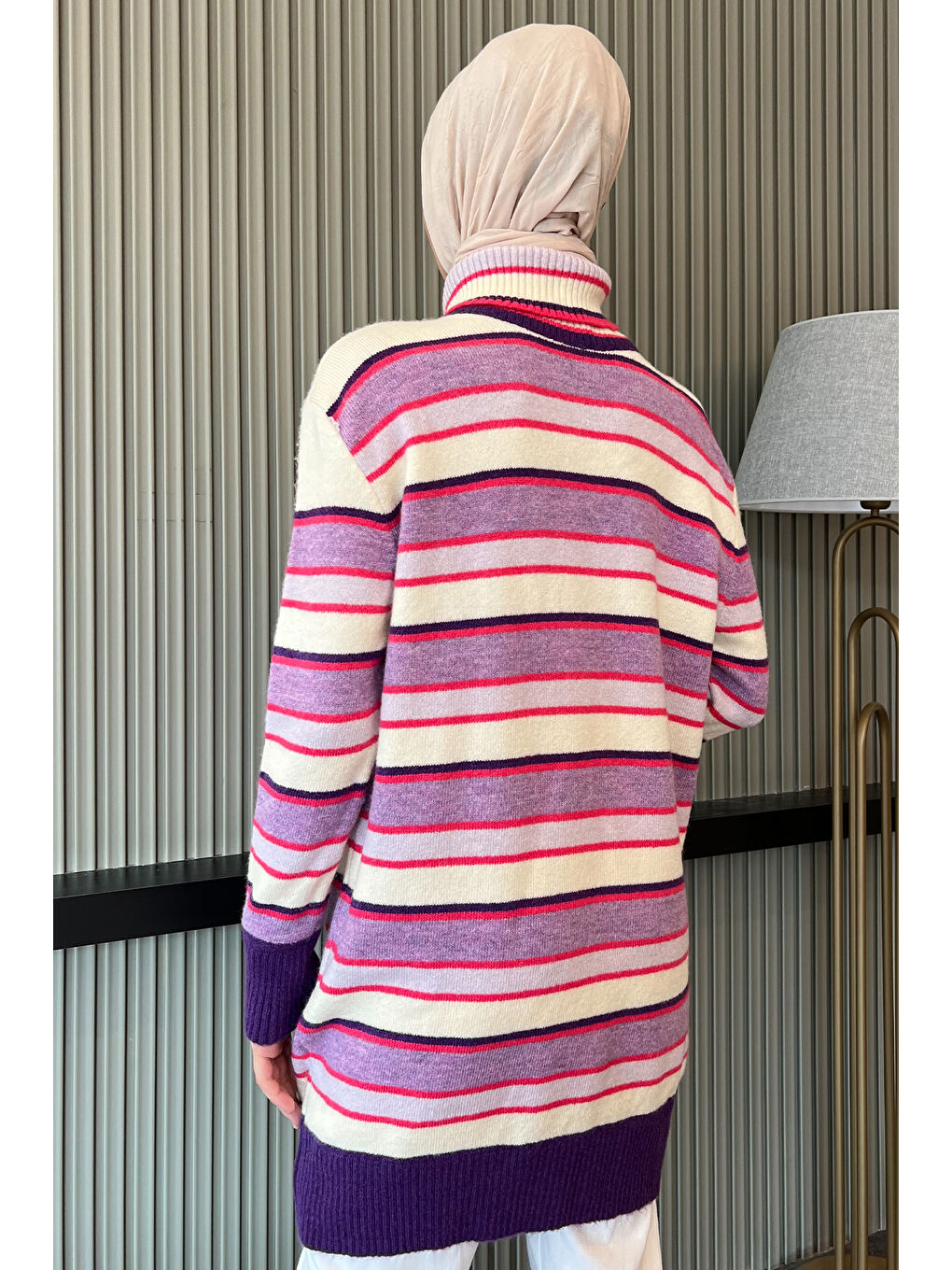 Lila Çizgi Desenli Tam Balıkçı Yaka Kışlık Triko Tunik-7