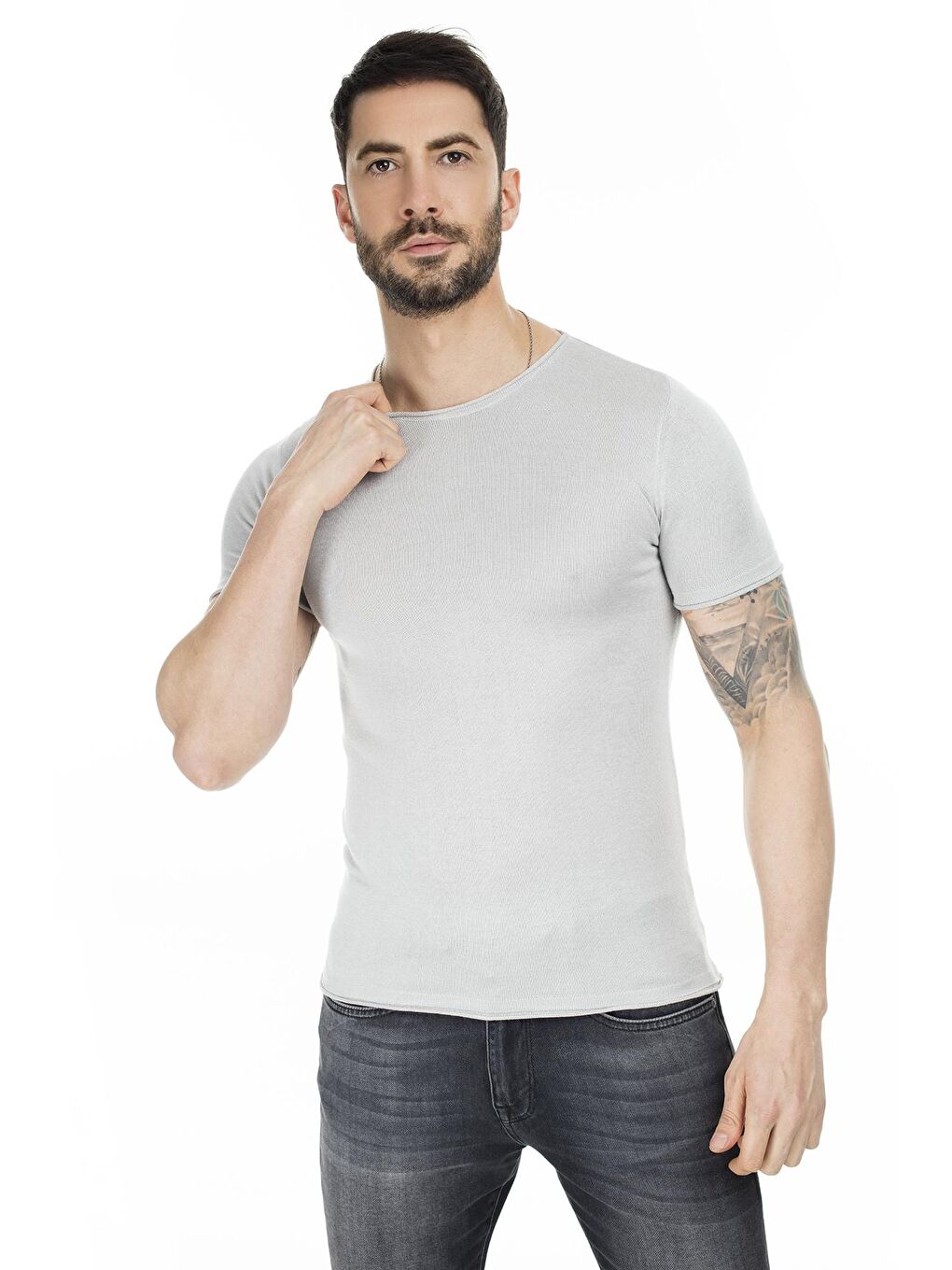 Gri Kısa Kol Bisiklet Yaka Triko T Shirt ABK60004LNS-2