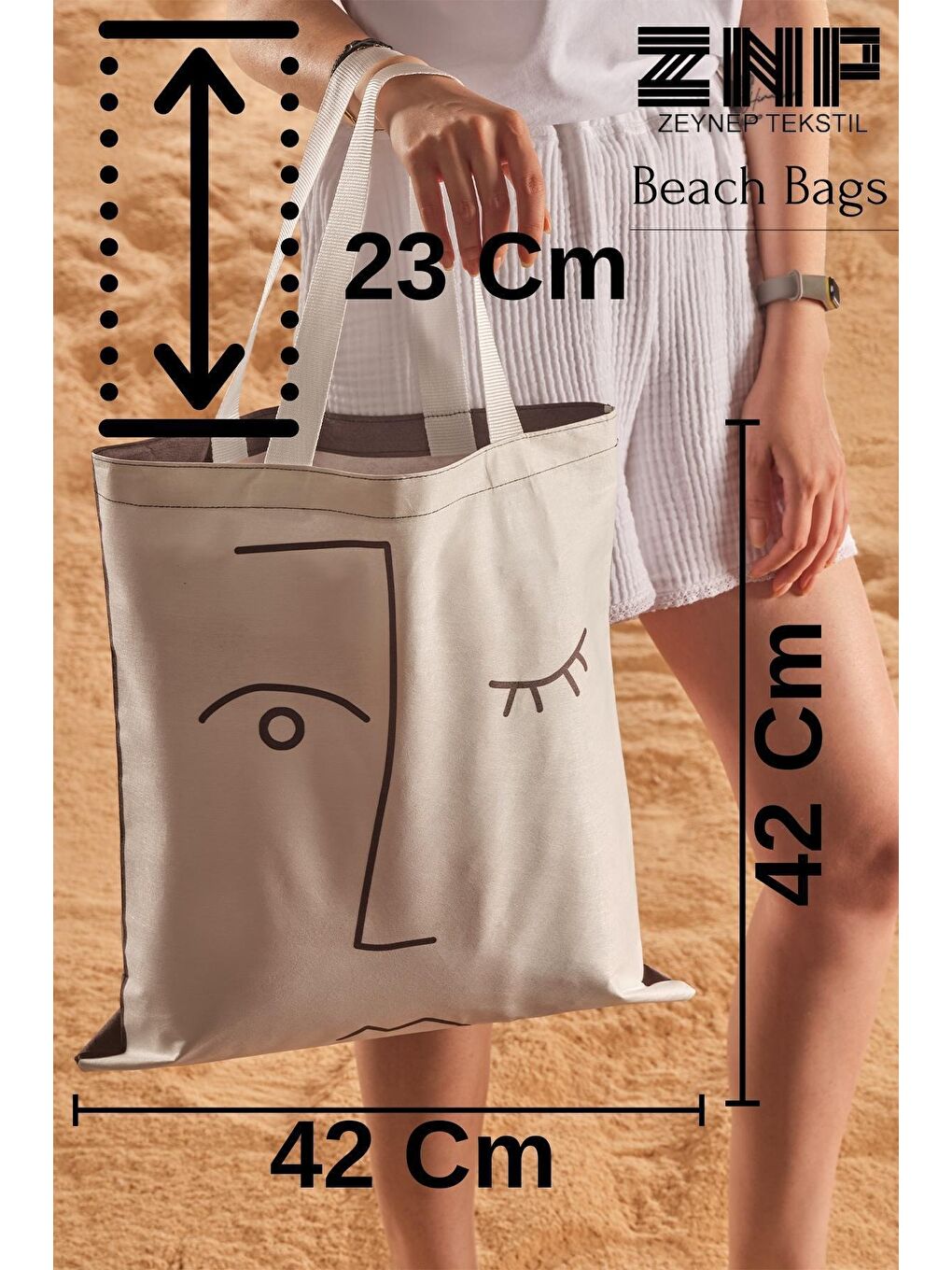 Bej Faces Desen Baskılı Plaj Çantası-3