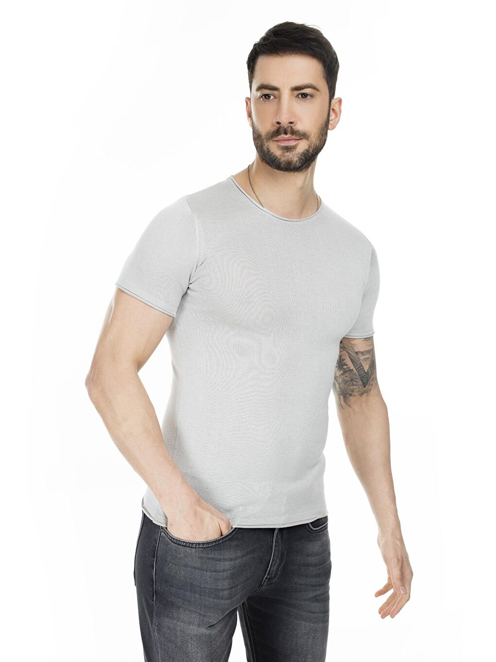 Gri Kısa Kol Bisiklet Yaka Triko T Shirt ABK60004LNS-3