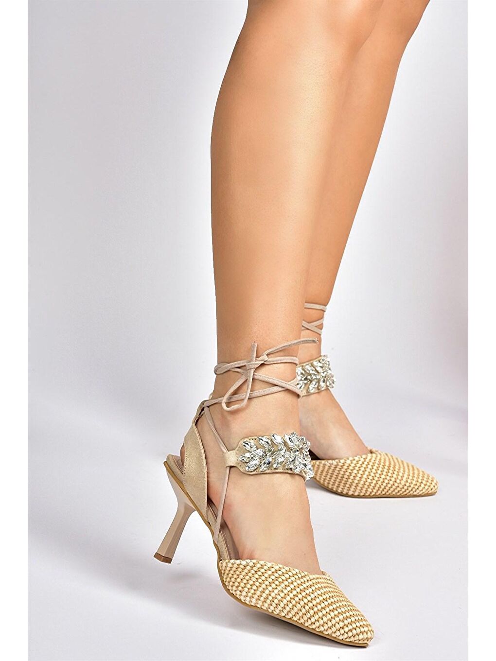 Bej Tekstil Taş Detaylı Kadın Topuklu Ayakkabı M882007902-1