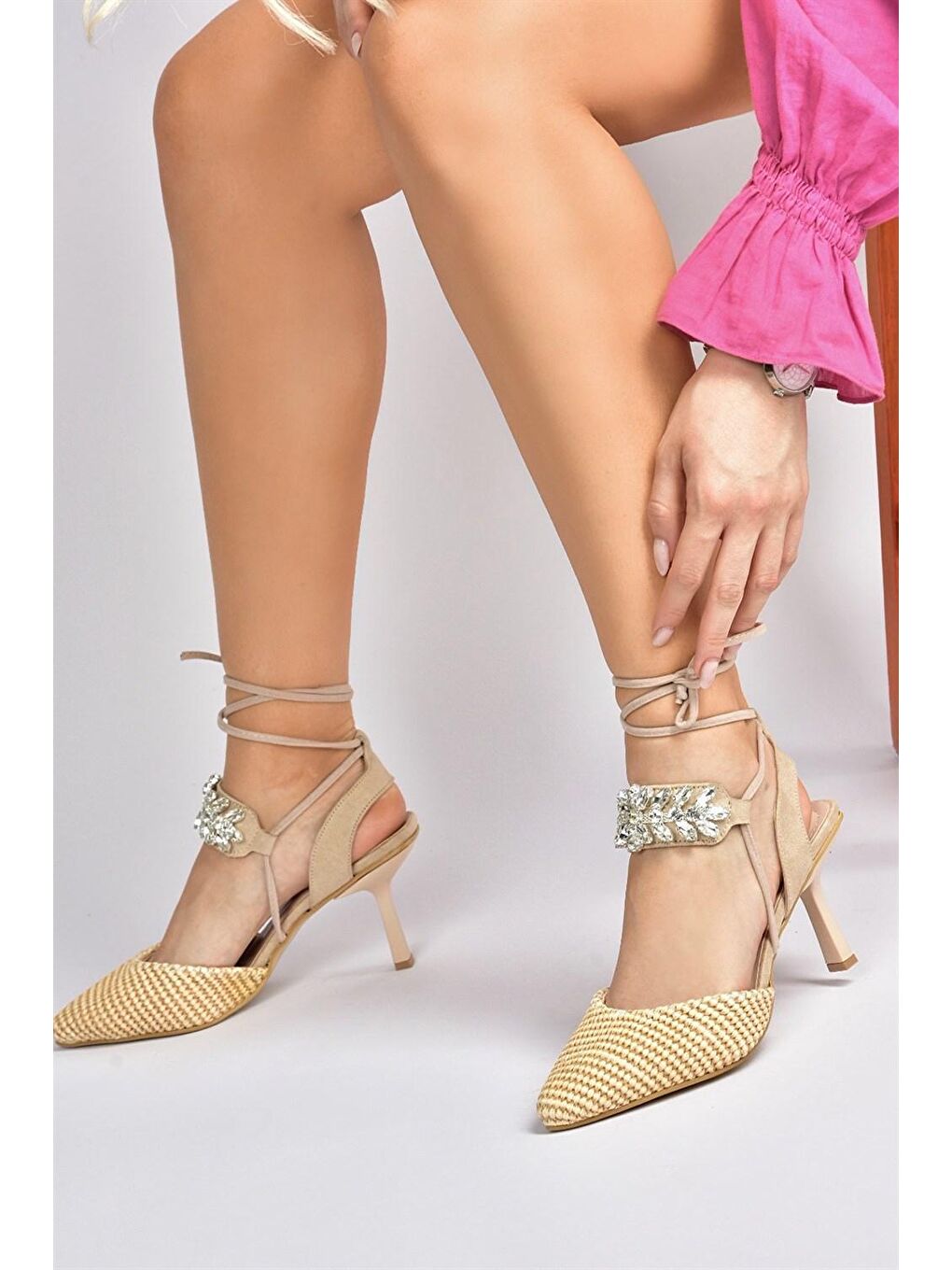 Bej Tekstil Taş Detaylı Kadın Topuklu Ayakkabı M882007902-2
