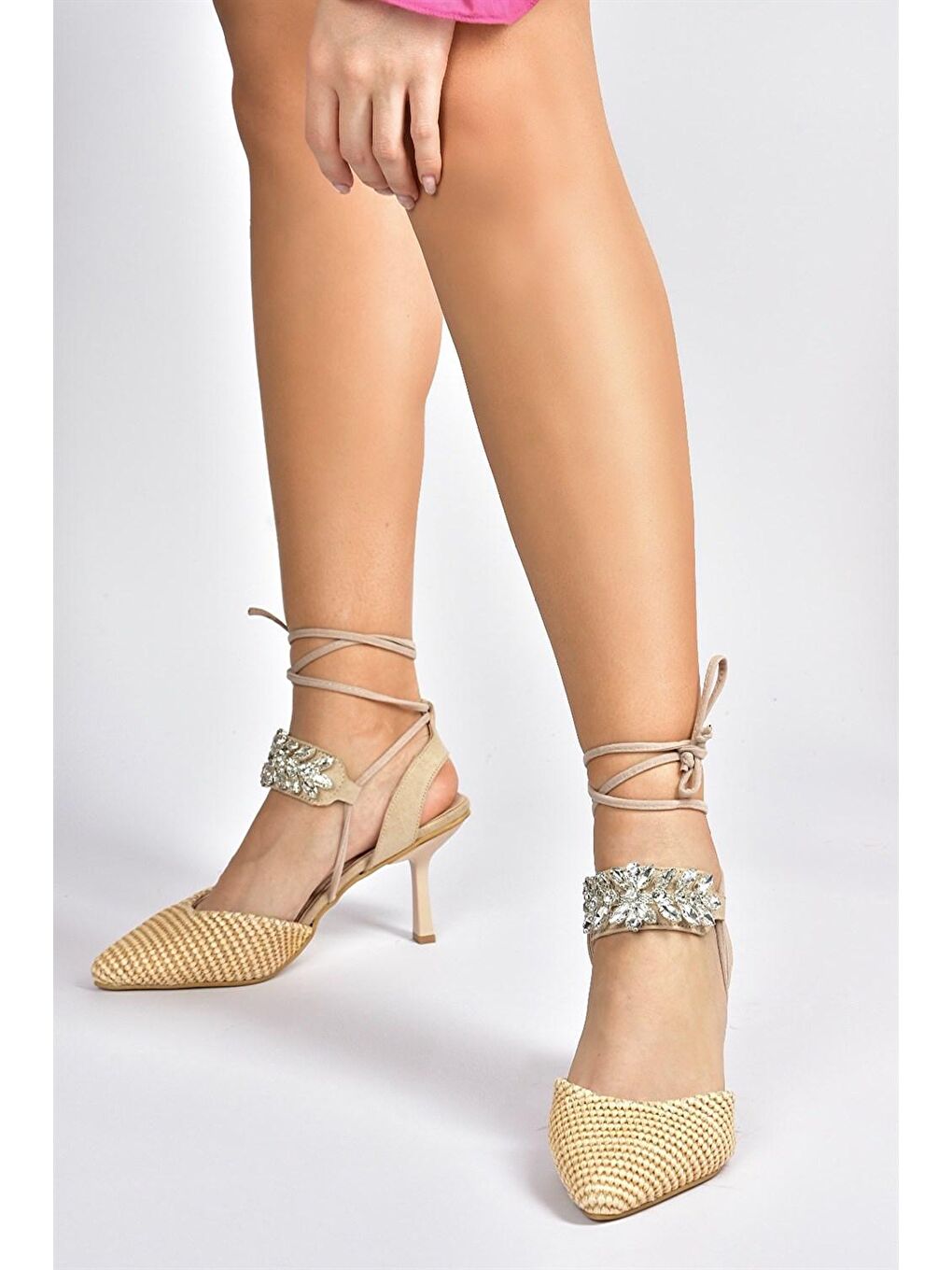 Bej Tekstil Taş Detaylı Kadın Topuklu Ayakkabı M882007902-3