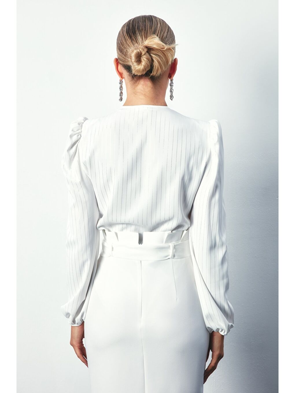 Parlak Çizgili Bodysuit Bluz - Ekru-4