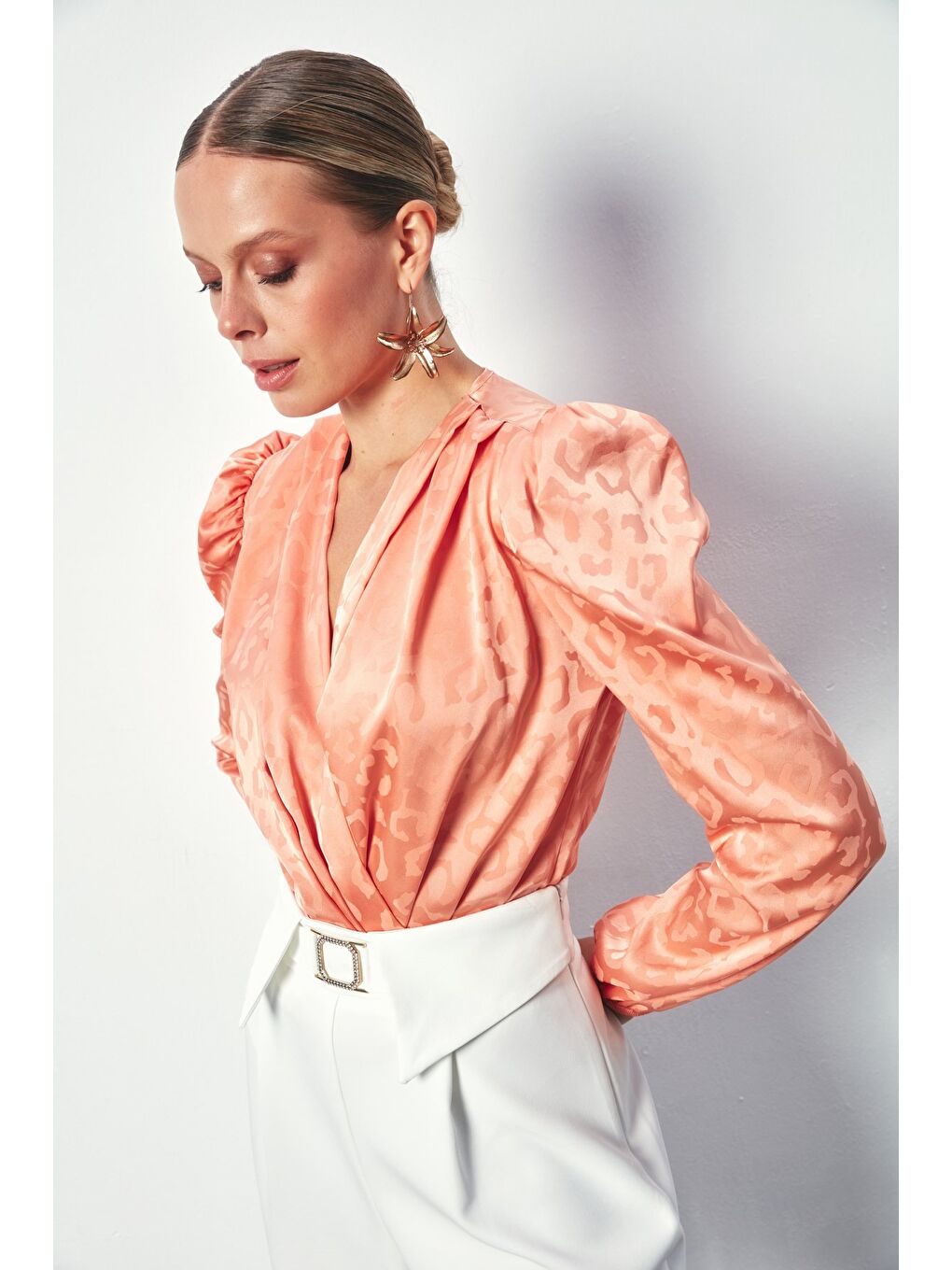 Pembe Kruvaze Desenli Bodysuit Bluz - Somon