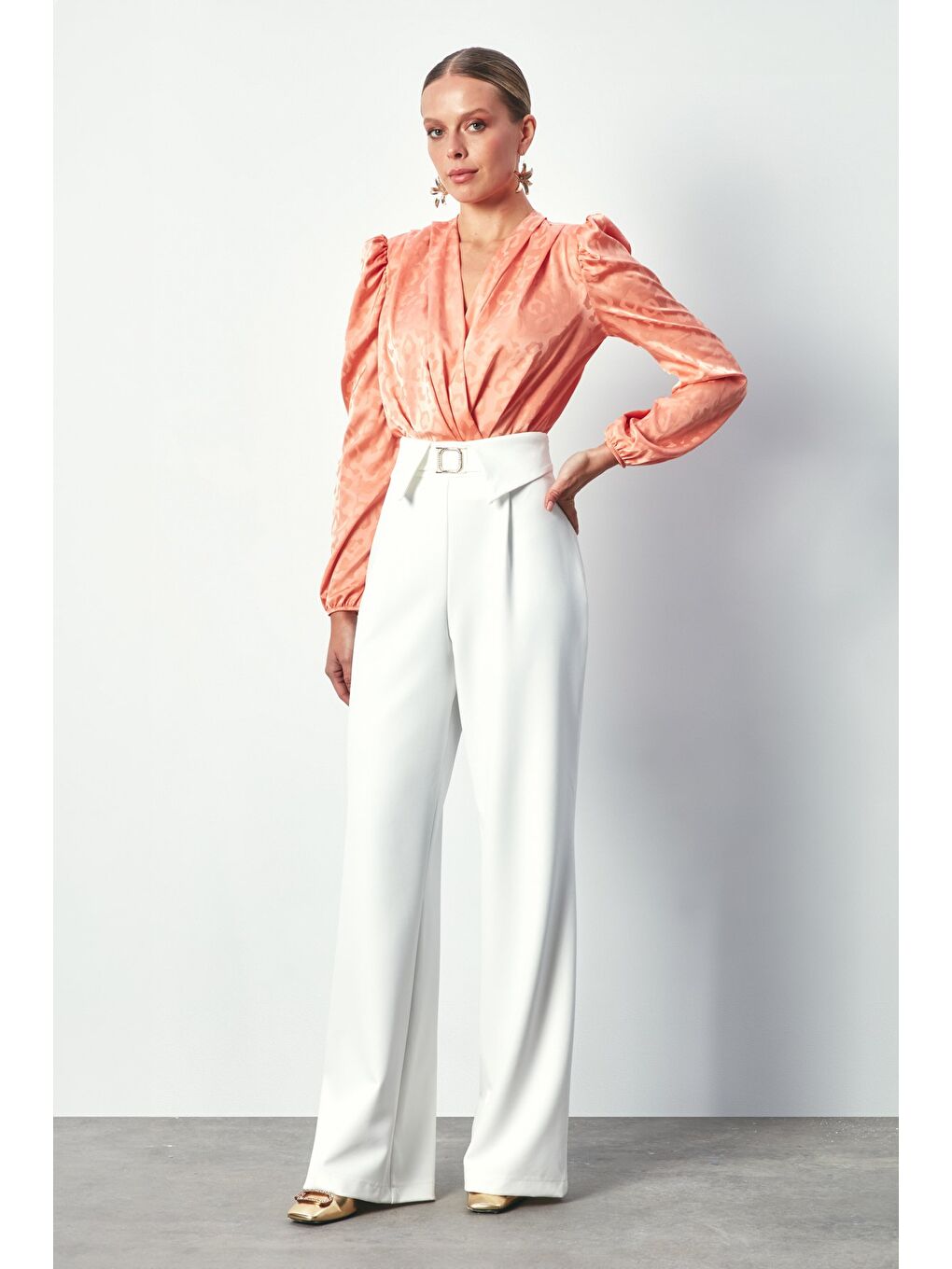 Pembe Kruvaze Desenli Bodysuit Bluz - Somon-1