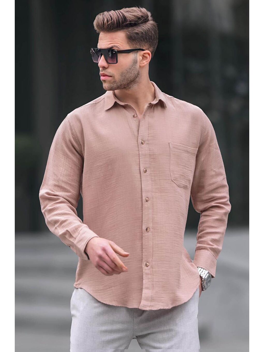 Bej Relaxed Fit Müslin Kumaş Erkek Gömlek 5587
