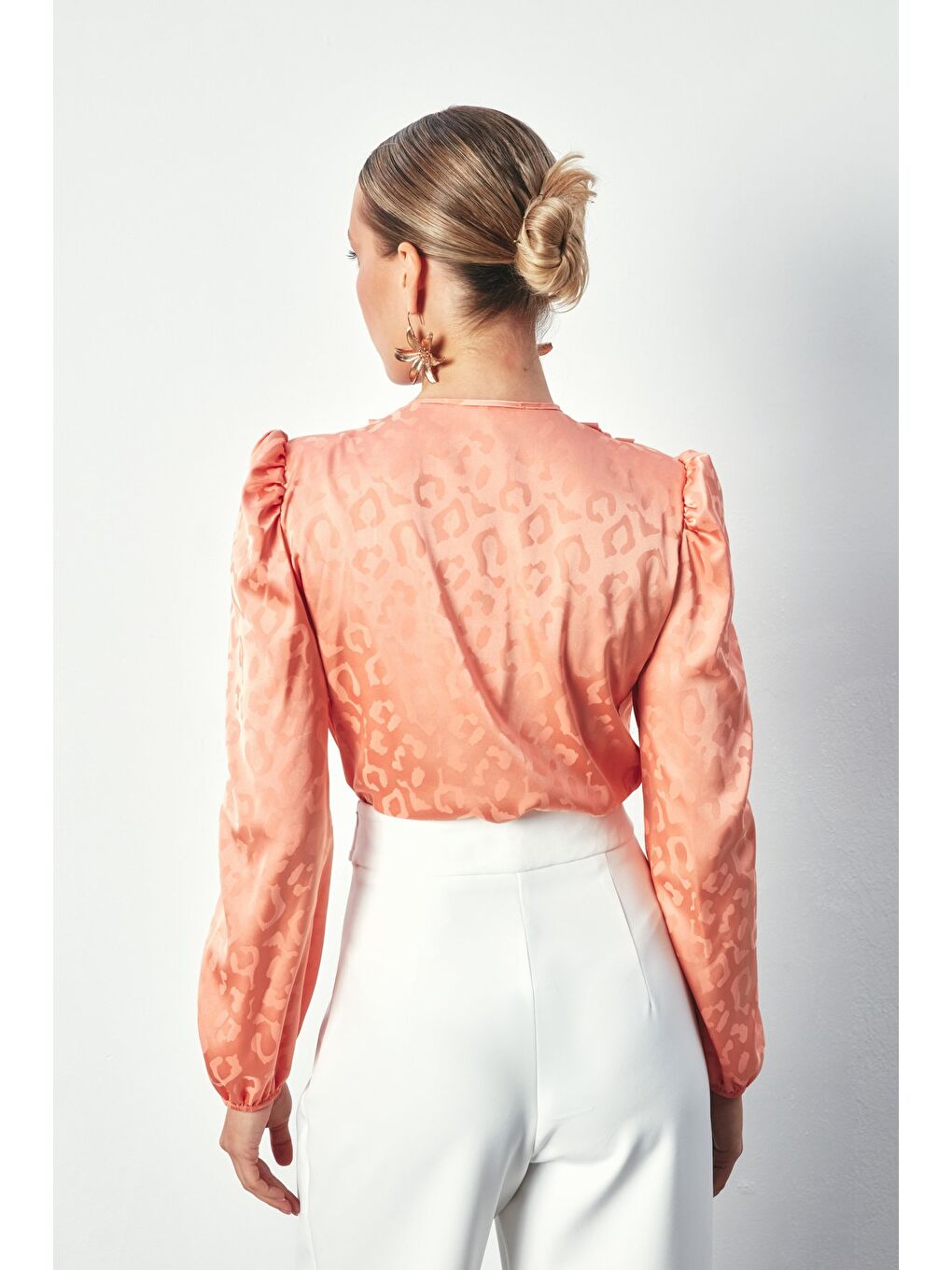 Pembe Kruvaze Desenli Bodysuit Bluz - Somon-5