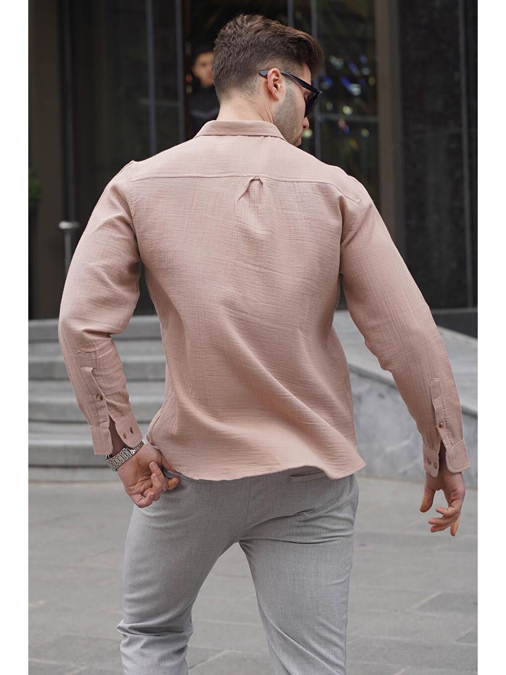 Bej Relaxed Fit Müslin Kumaş Erkek Gömlek 5587-1
