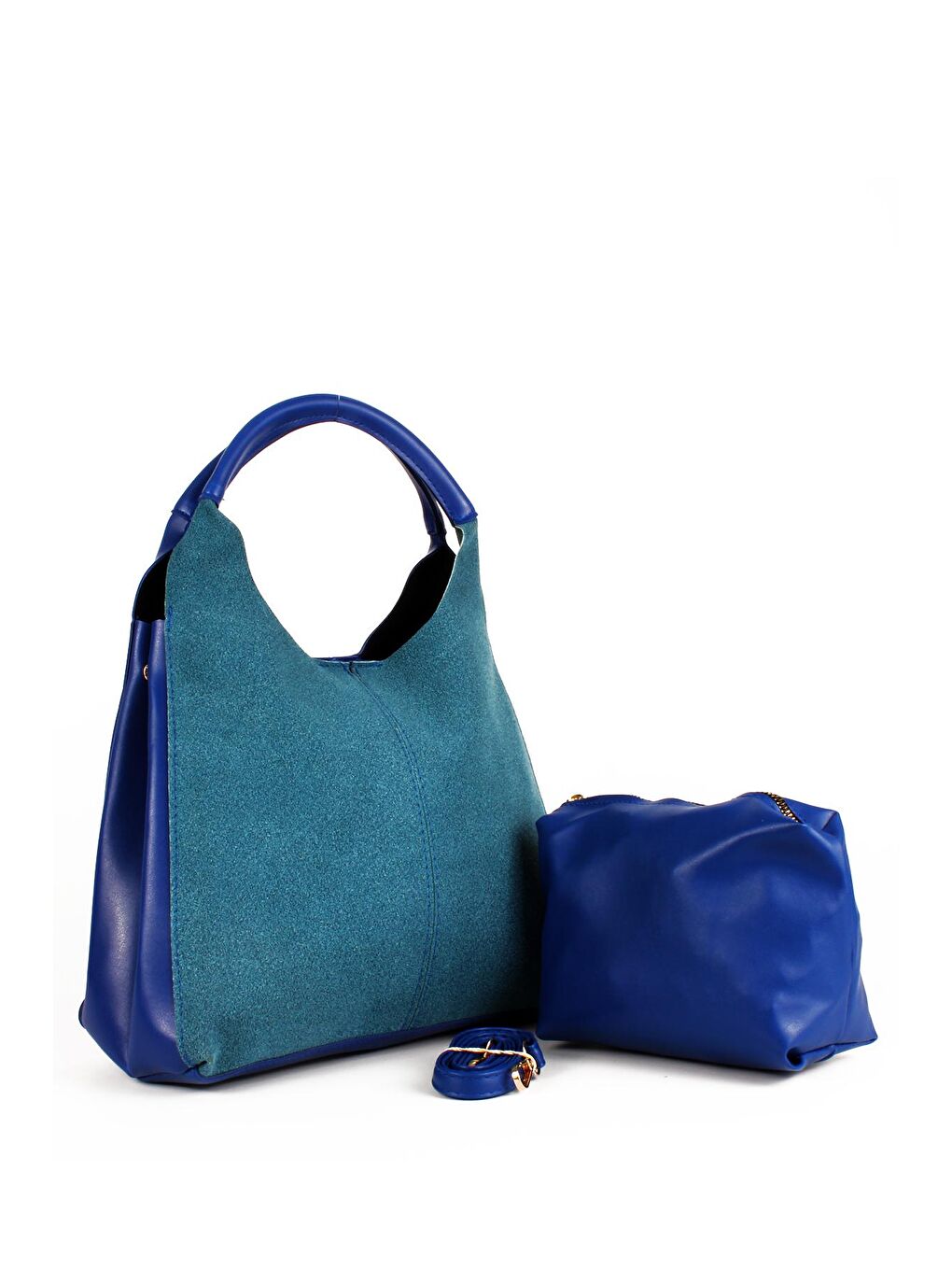 Mavi Kadın Garnilli Yarma Suni Deri Süet Yavrulu El ve Omuz Çantası (1750)-2