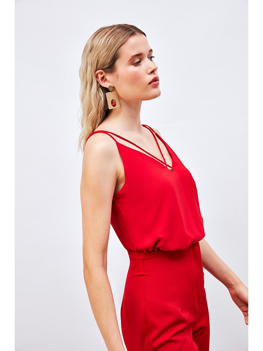 Çapraz İp Askılı Bluz - Kırmızı-2