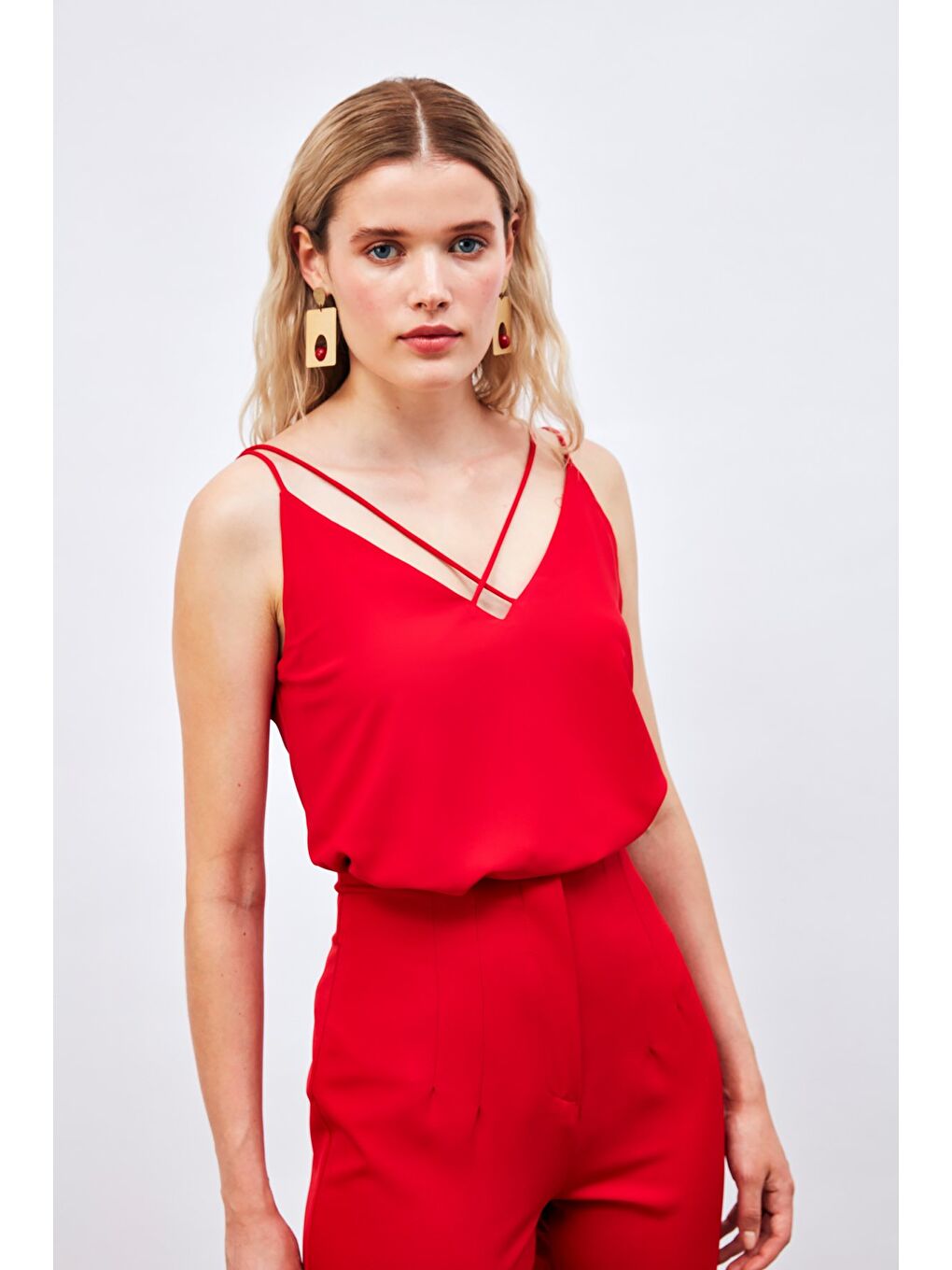 Çapraz İp Askılı Bluz - Kırmızı-3