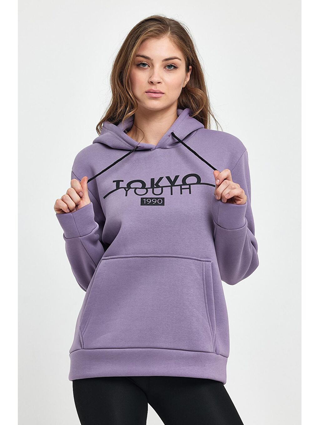 Lila Kadın Kapüşonlu Rahat Kalıp İçi Polarlı 3 iplik Kanguru Cepli Tokyo Baskılı Swetashırt Spr24swk12-1