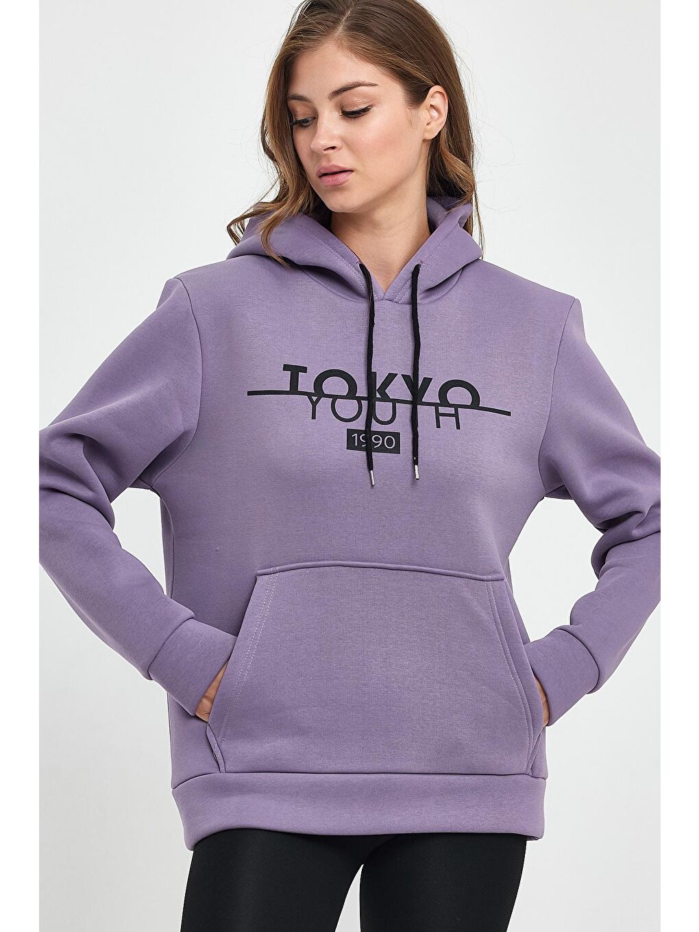 Lila Kadın Kapüşonlu Rahat Kalıp İçi Polarlı 3 iplik Kanguru Cepli Tokyo Baskılı Swetashırt Spr24swk12-2