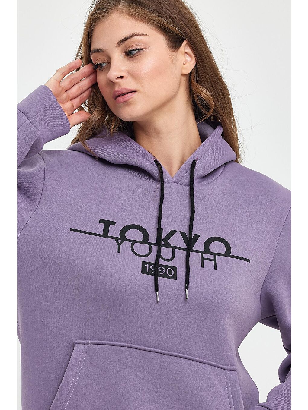 Lila Kadın Kapüşonlu Rahat Kalıp İçi Polarlı 3 iplik Kanguru Cepli Tokyo Baskılı Swetashırt Spr24swk12-3