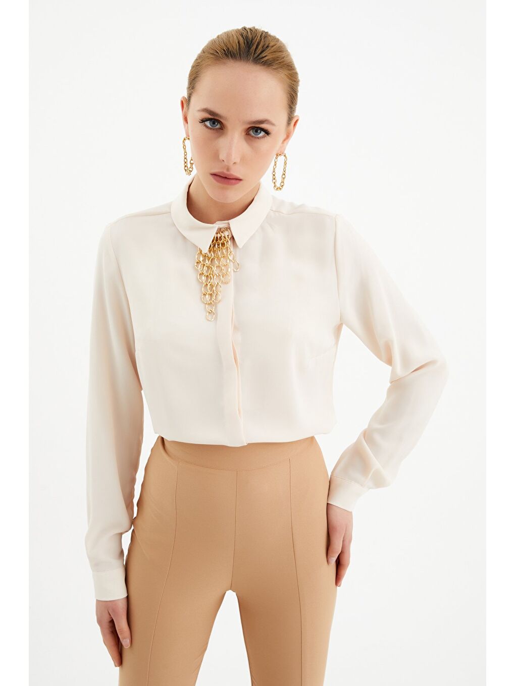 Zincir Aksesuarlı Düz Gömlek - Bej-2