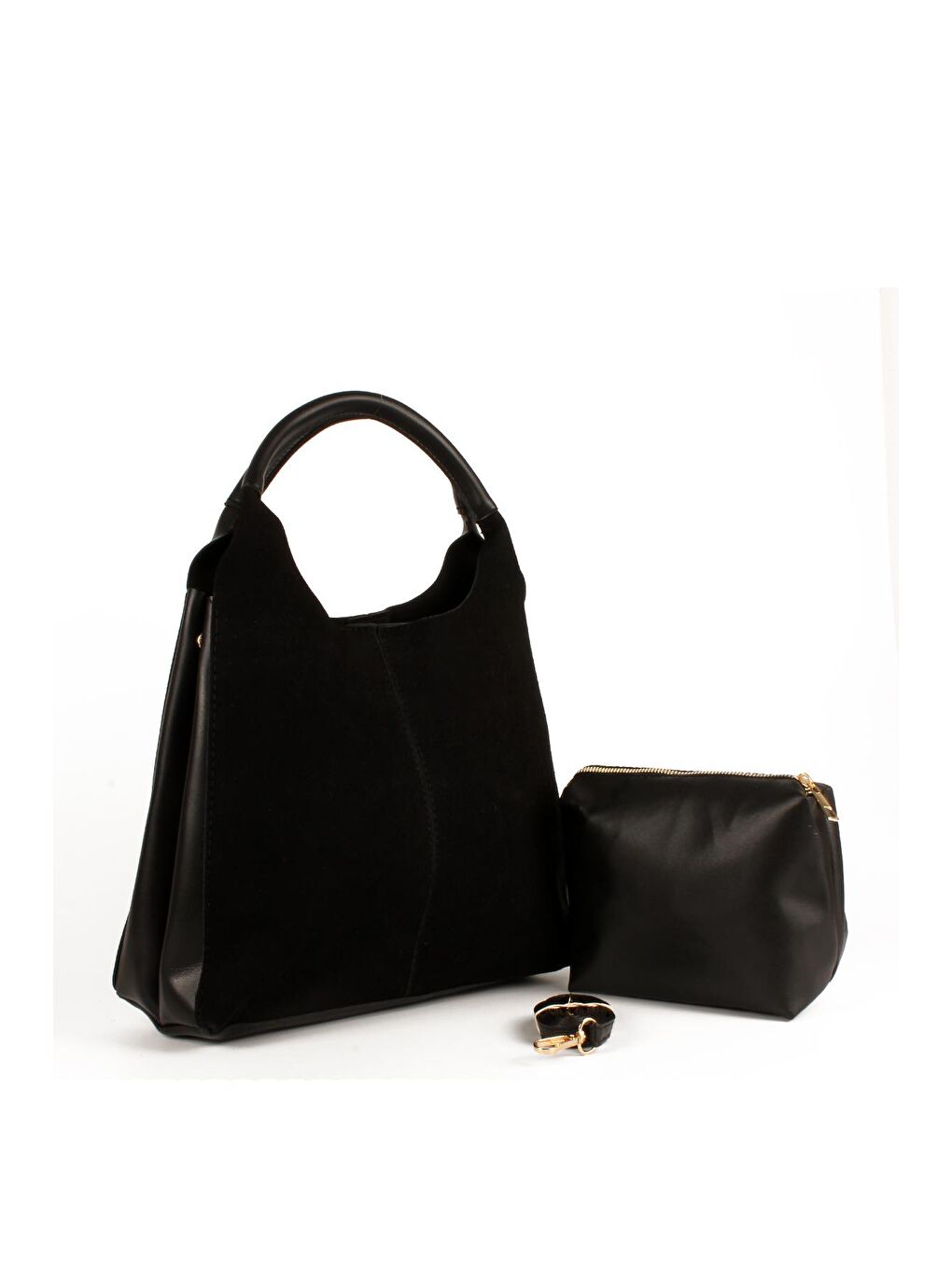 Siyah Kadın Garnilli Yarma Suni Deri Süet Yavrulu El ve Omuz Çantası (1750)-1