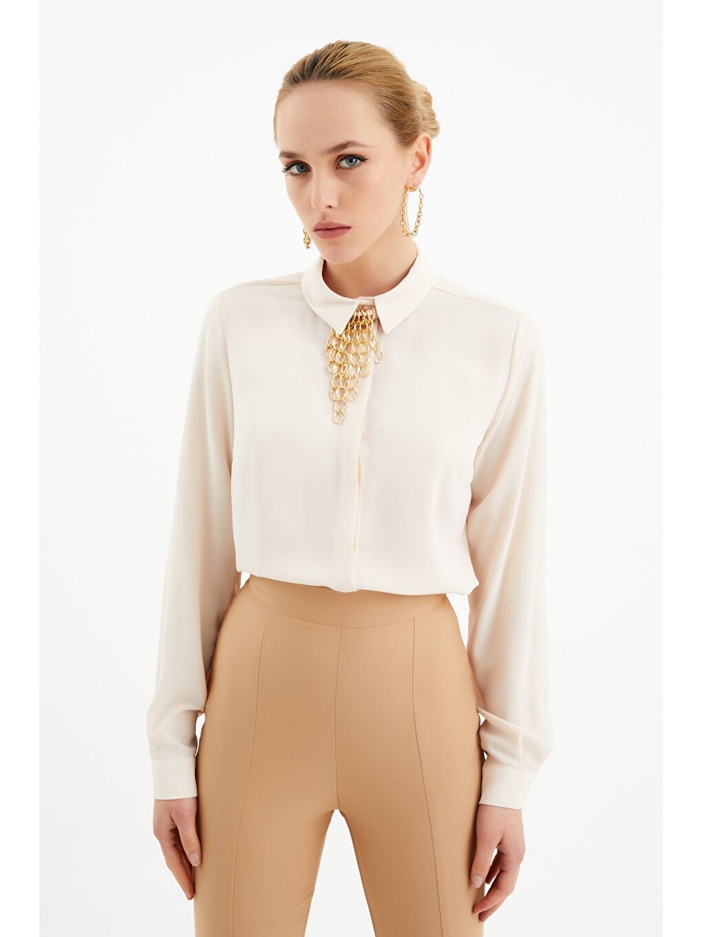 Zincir Aksesuarlı Düz Gömlek - Bej-8