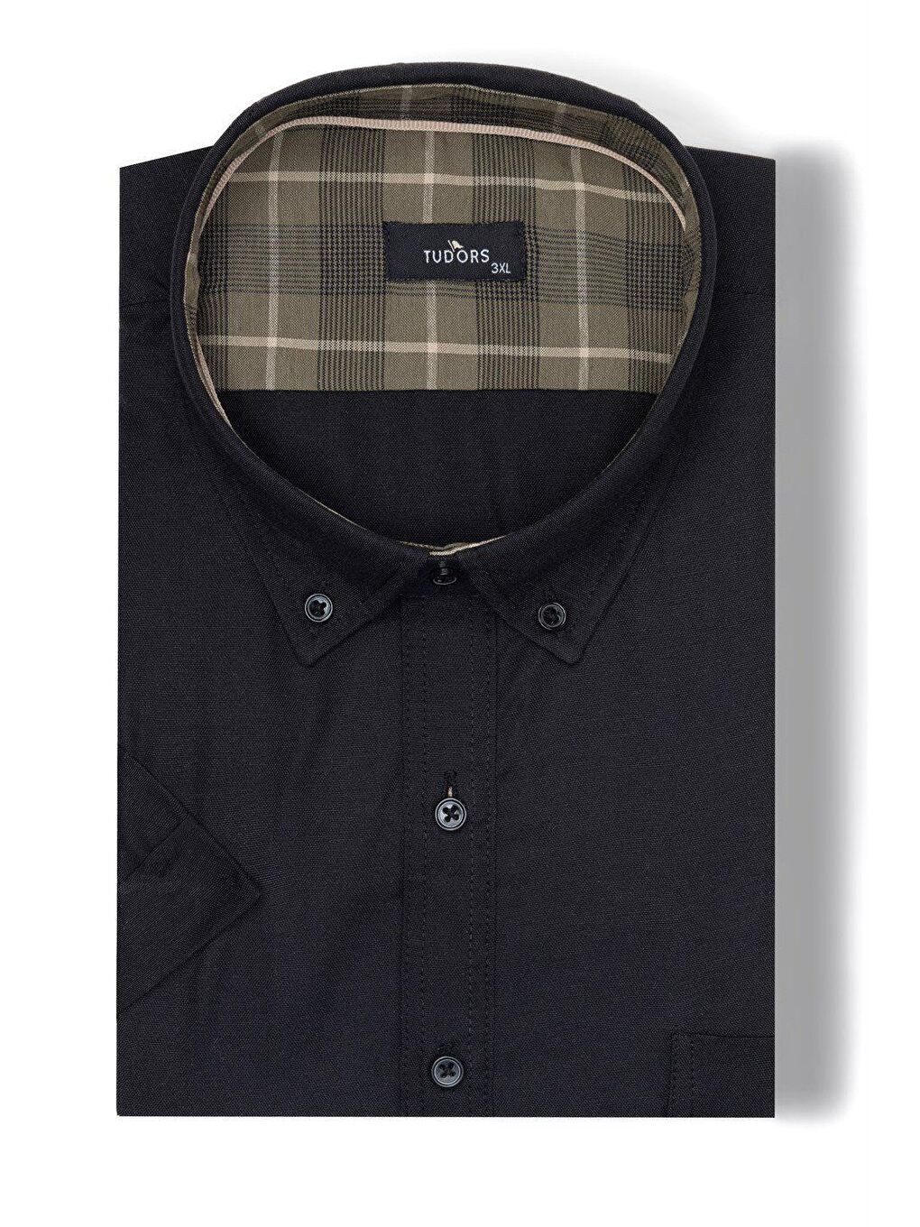 Erkek Big Size Büyük Beden Kısa Kollu Pamuklu Oxford Doku Tek Cepli Siyah Düğmeli Yaka Gömlek