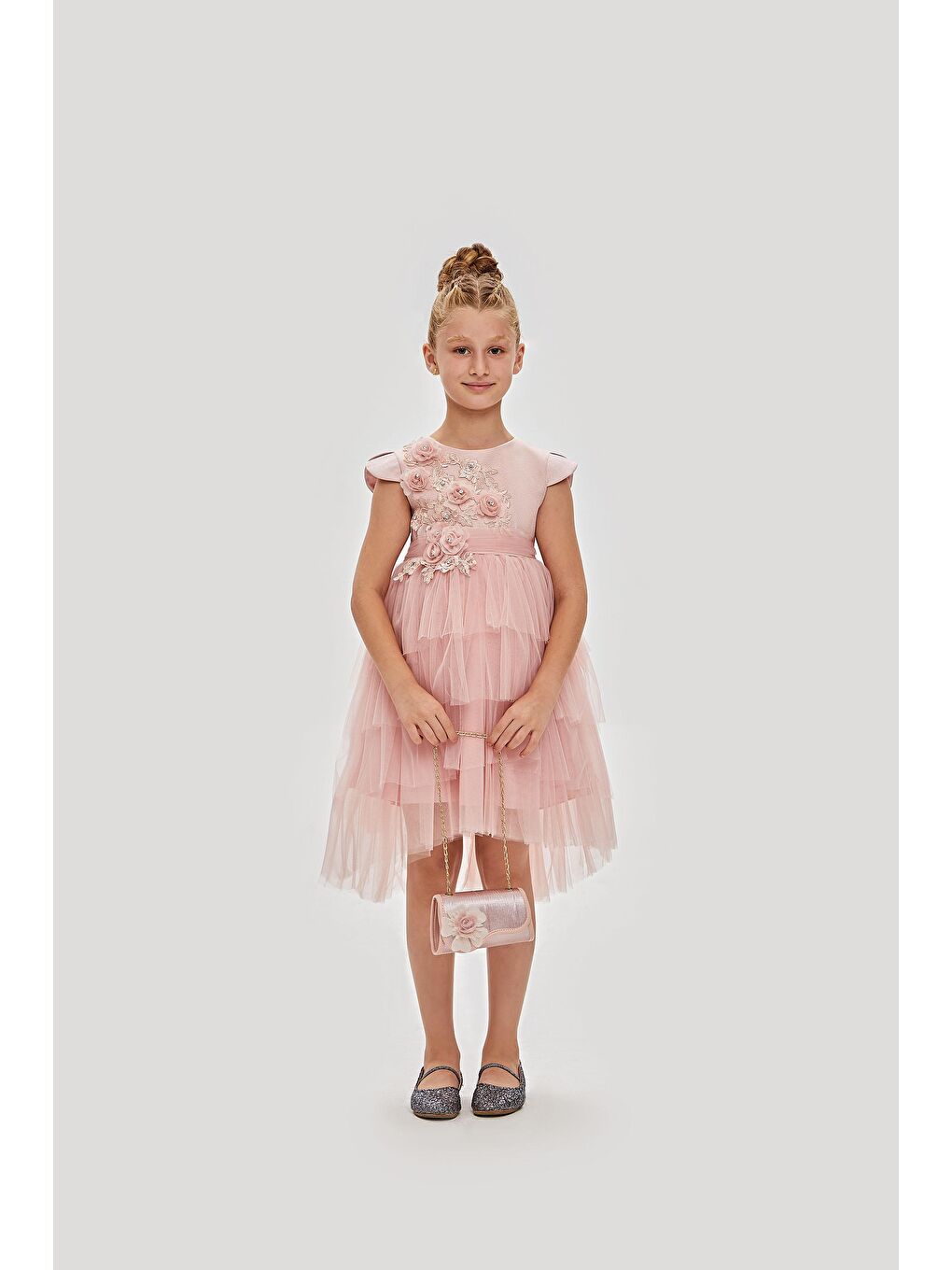 Pink Girls Pembe Robası Çiçekli Çantalı Abiye