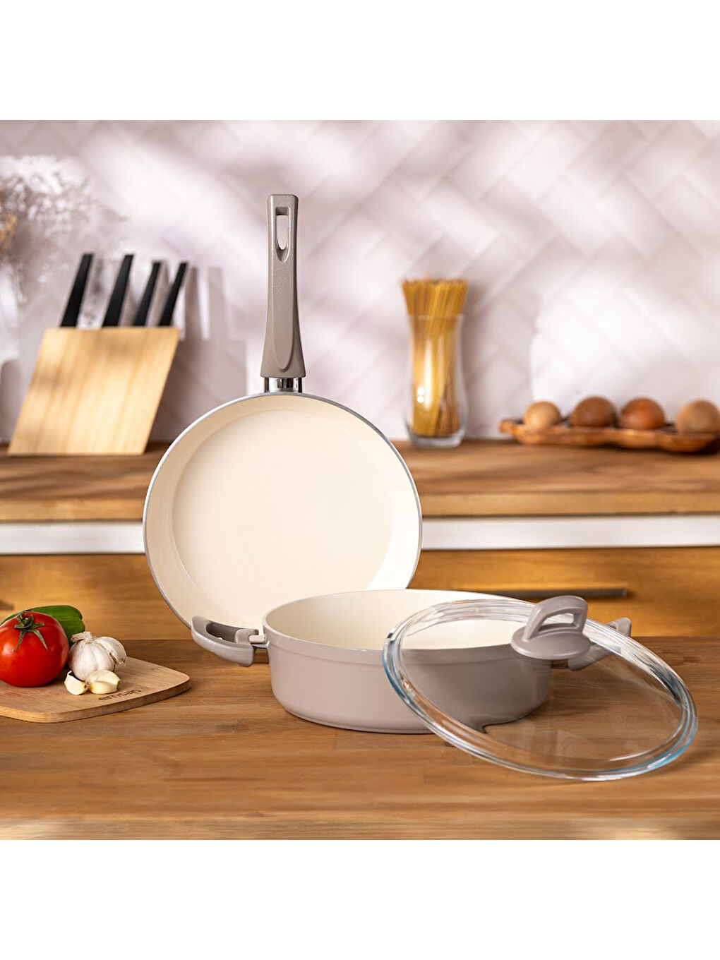 Crystal 3 Parça Tencere Tava Seti Bej-6