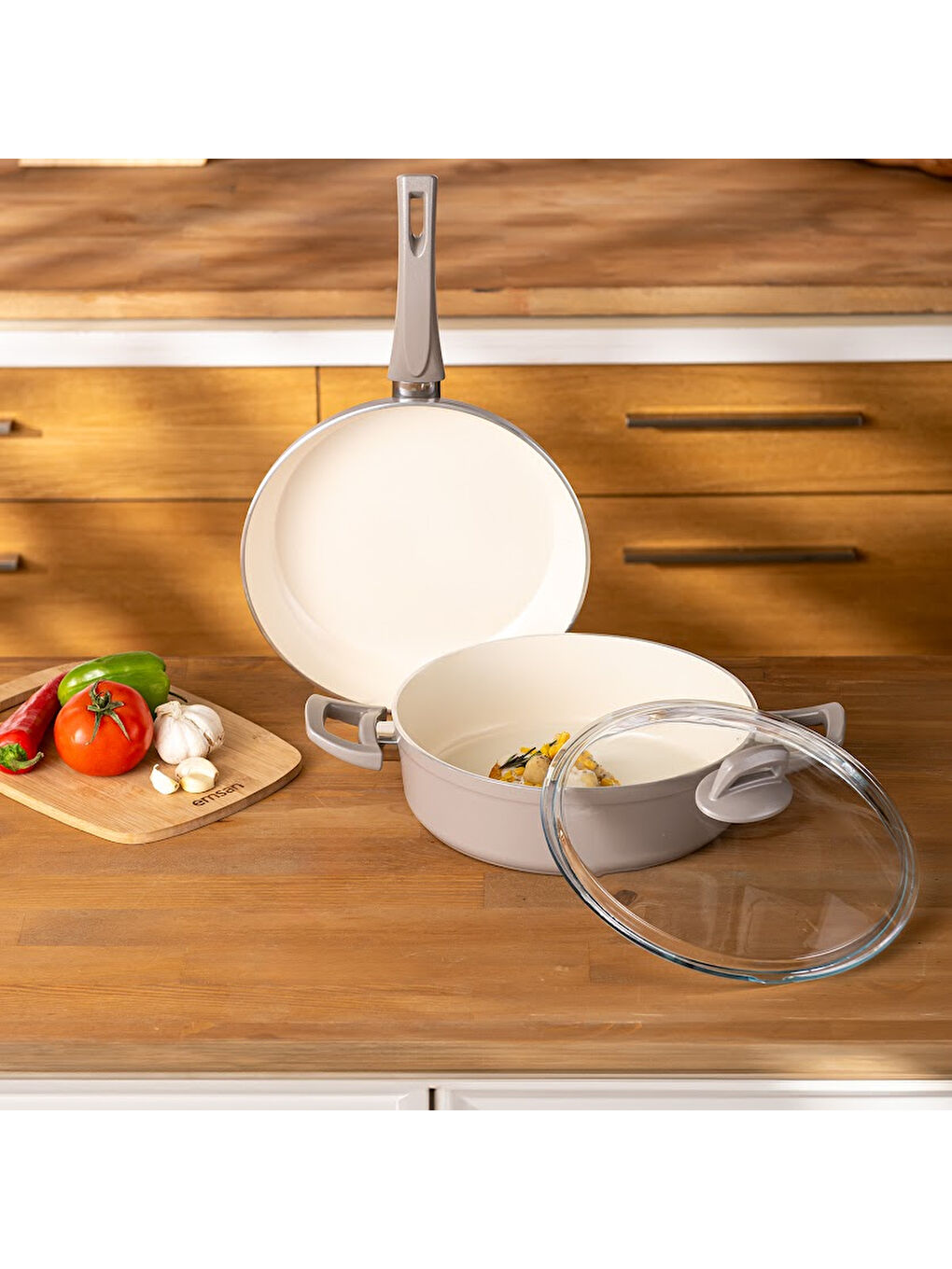 Crystal 3 Parça Tencere Tava Seti Bej-7