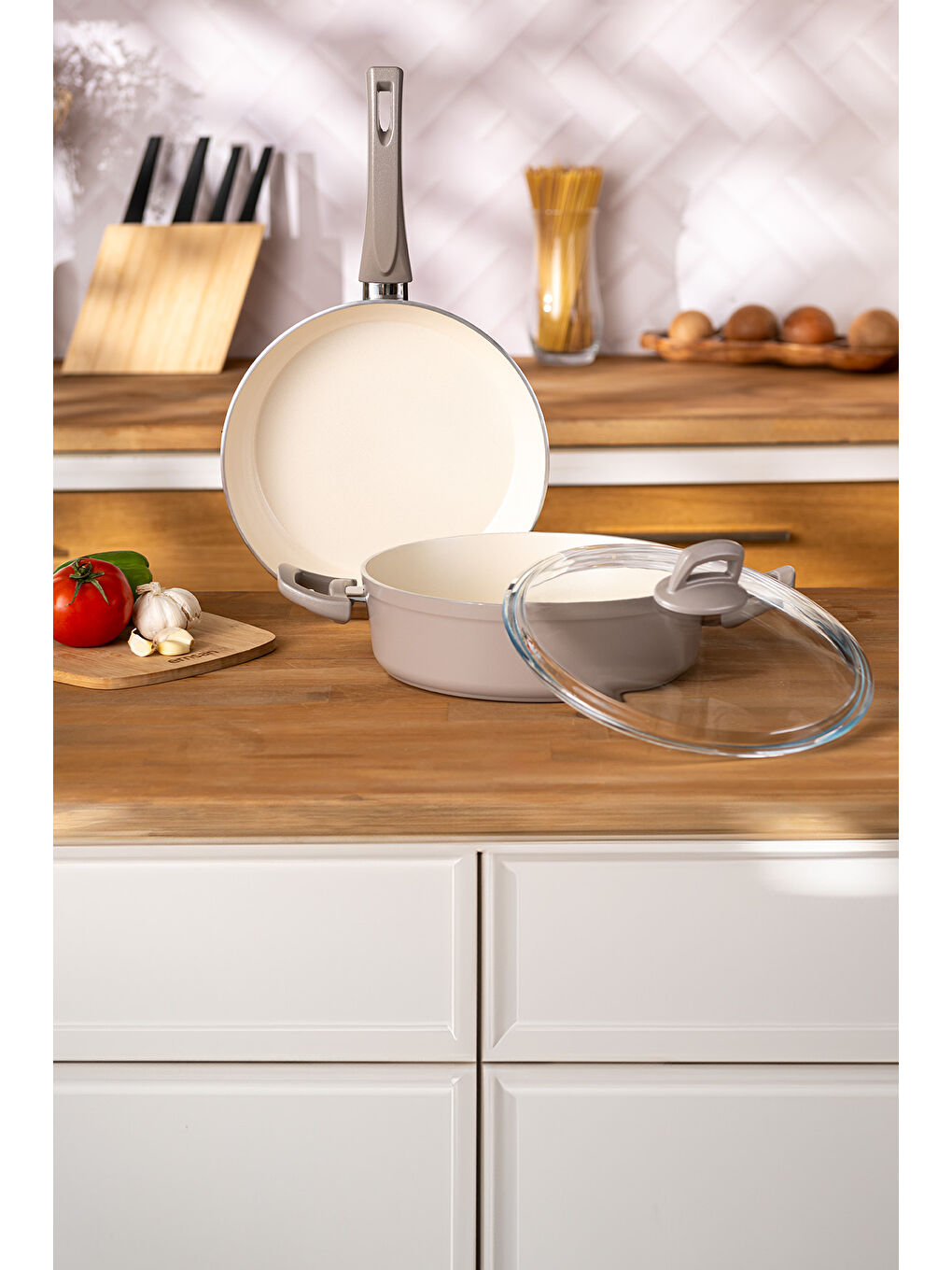 Crystal 3 Parça Tencere Tava Seti Bej-2