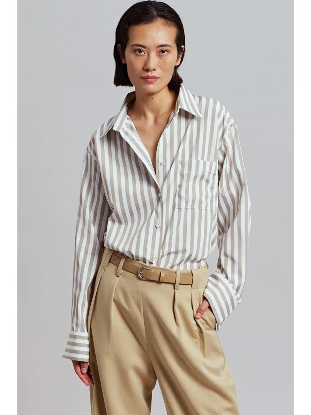 Bej Çizgili Oversize Kadın Gömlek MG1688-4