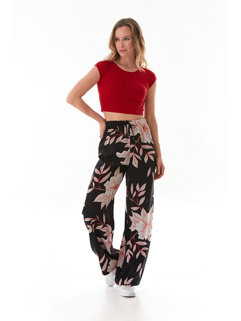 Kırmızı Desenli Beli Lastikli Palazzo Pantolon