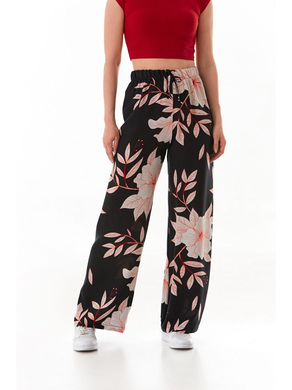 Kırmızı Desenli Beli Lastikli Palazzo Pantolon-1