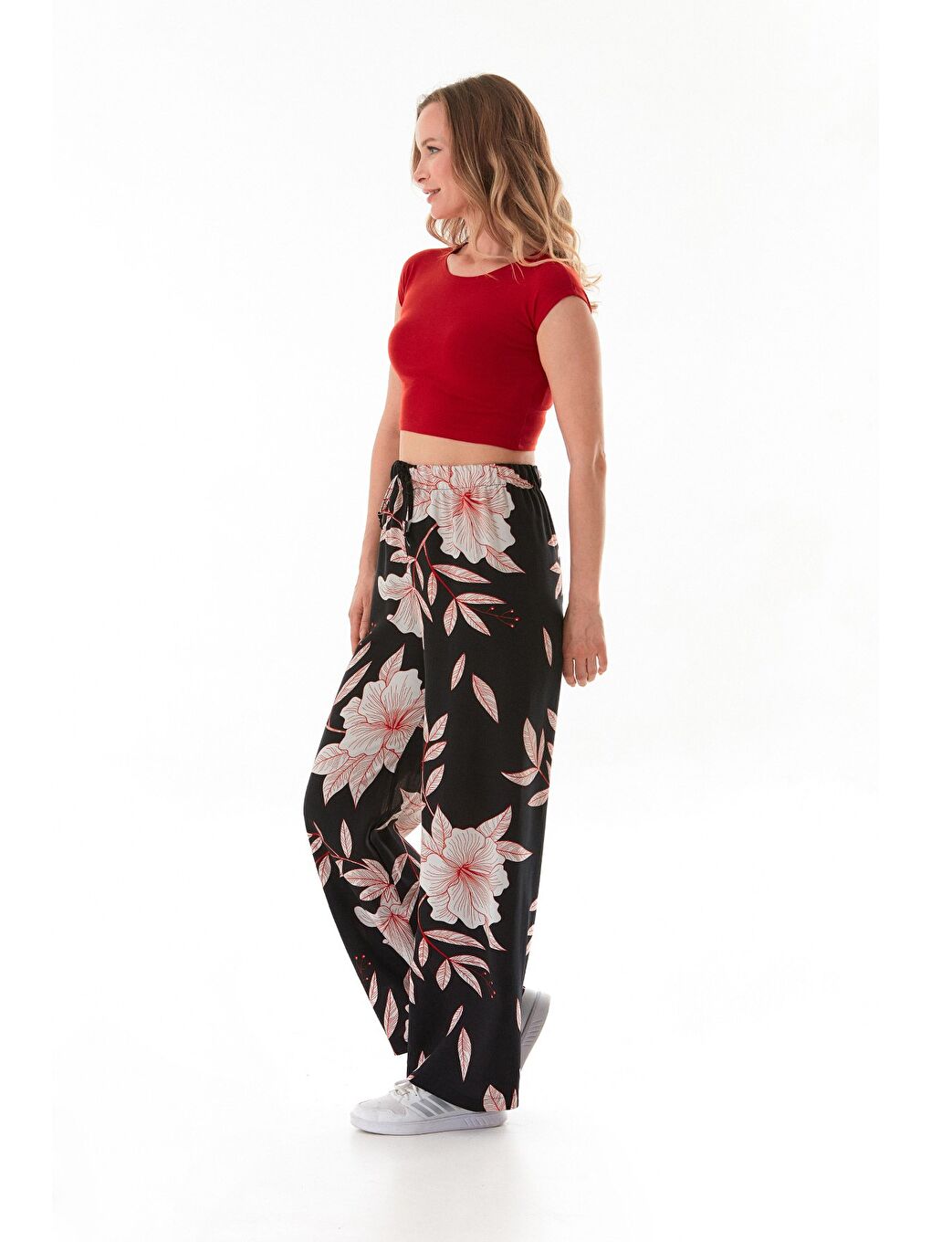 Kırmızı Desenli Beli Lastikli Palazzo Pantolon-2
